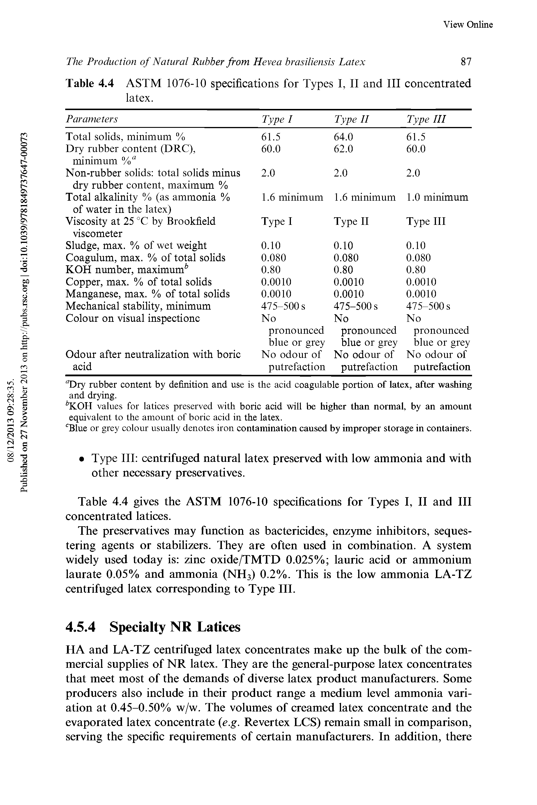 Table 4.4 ASTM 1076-10 specifications for Types I, II and III concentrated latex.