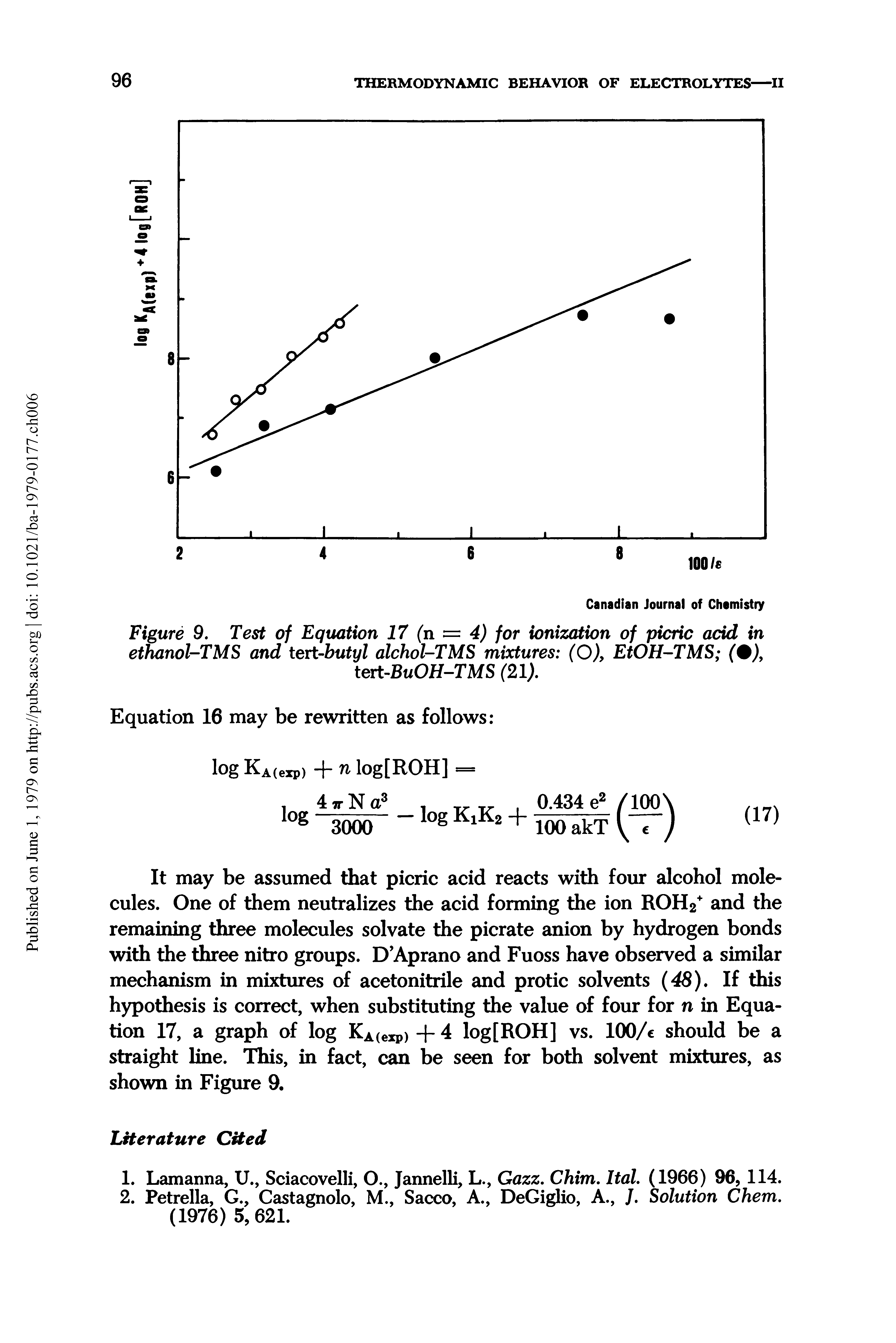 Figure 9. Test of Equation 17 (n = 4) for ionization of picric acid in ethanol-TMS and text-butyl alchol-TMS mixtures (O), EtOH-TMS ( ),...