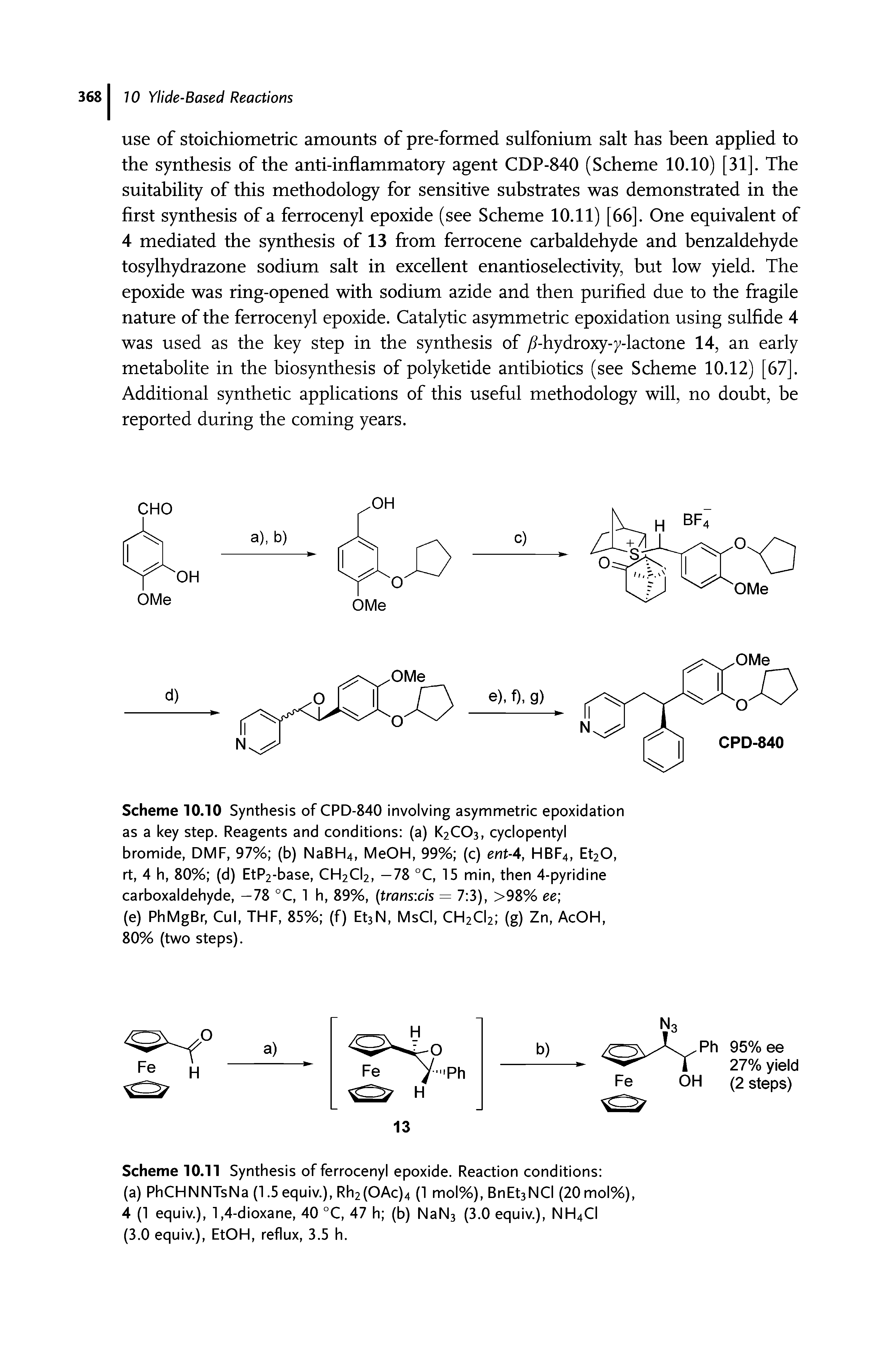 Scheme 10.10 Synthesis of CPD-840 involving asymmetric epoxidation as a key step. Reagents and conditions (a) K2CO3, cyclopentyl bromide, DMF, 97% (b) NaBH4, MeOH, 99% (c) ent-4, HBF4, Et20, rt, 4 h, 80% (d) EtP2-base, CH2CI2, —78 °C, 15 min, then 4-pyridine carboxaldehyde, —78 °C, 1 h, 89%, (trans cis = 7 3), >98% ee ...