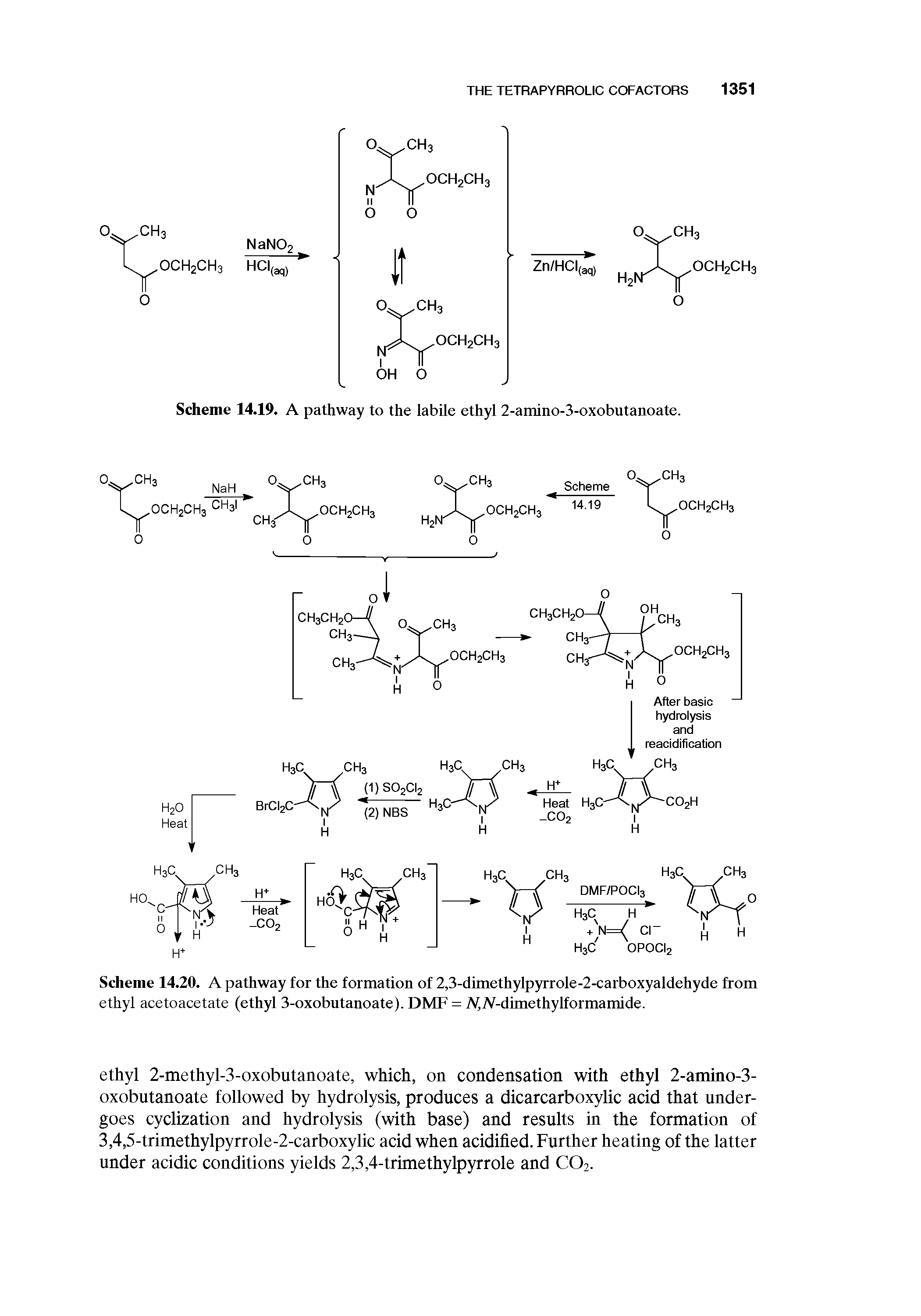 Scheme 14.20. A pathway for the formation of 2,3-dunethylpyrrole-2-carboxyaldehyde from ethyl acetoacetate (ethyl 3-oxobutanoate). DMF = A,A-dimethylformamide.