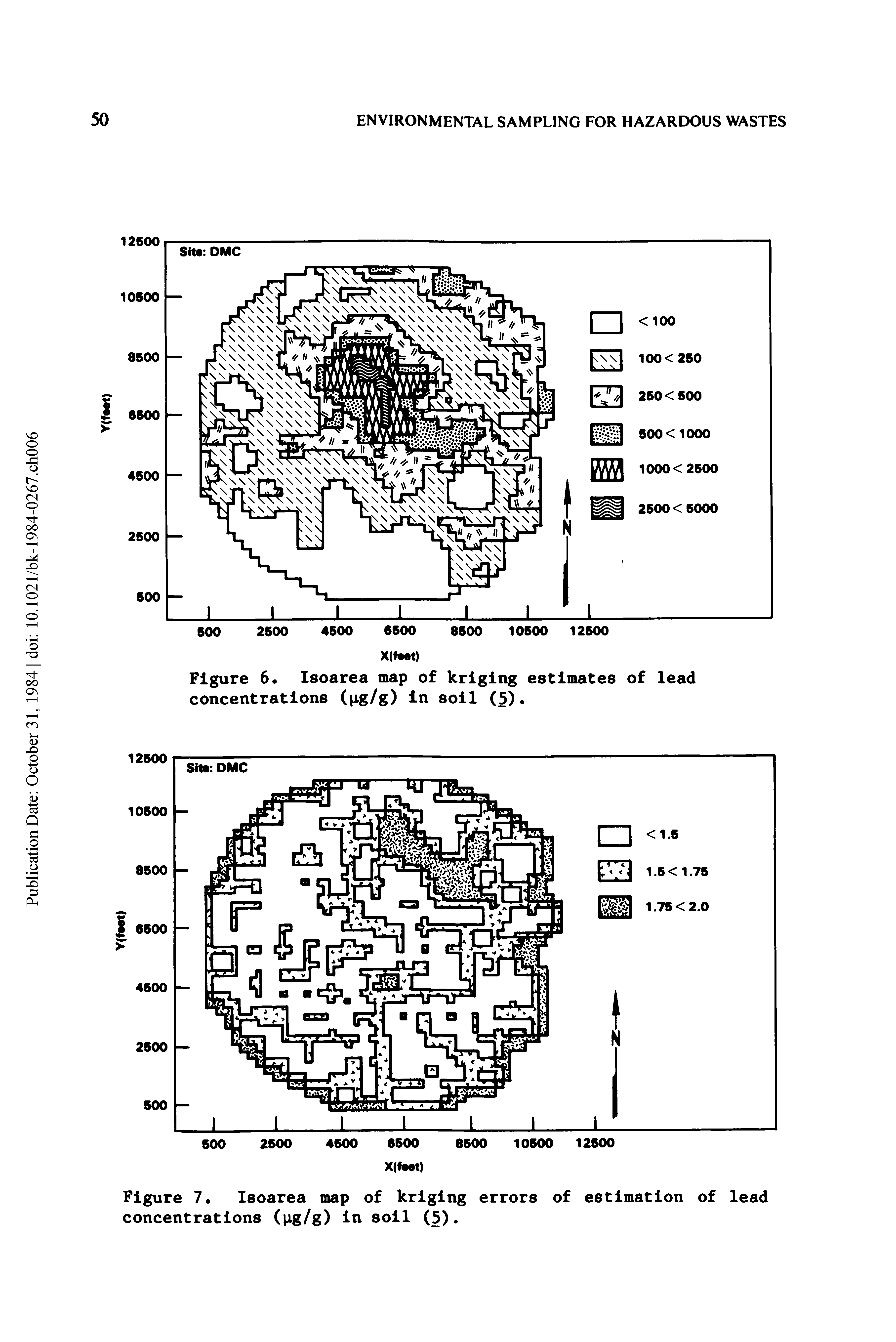 Figure 6. Isoarea map of kriging estimates of lead concentrations (pg/g) in soil (5).