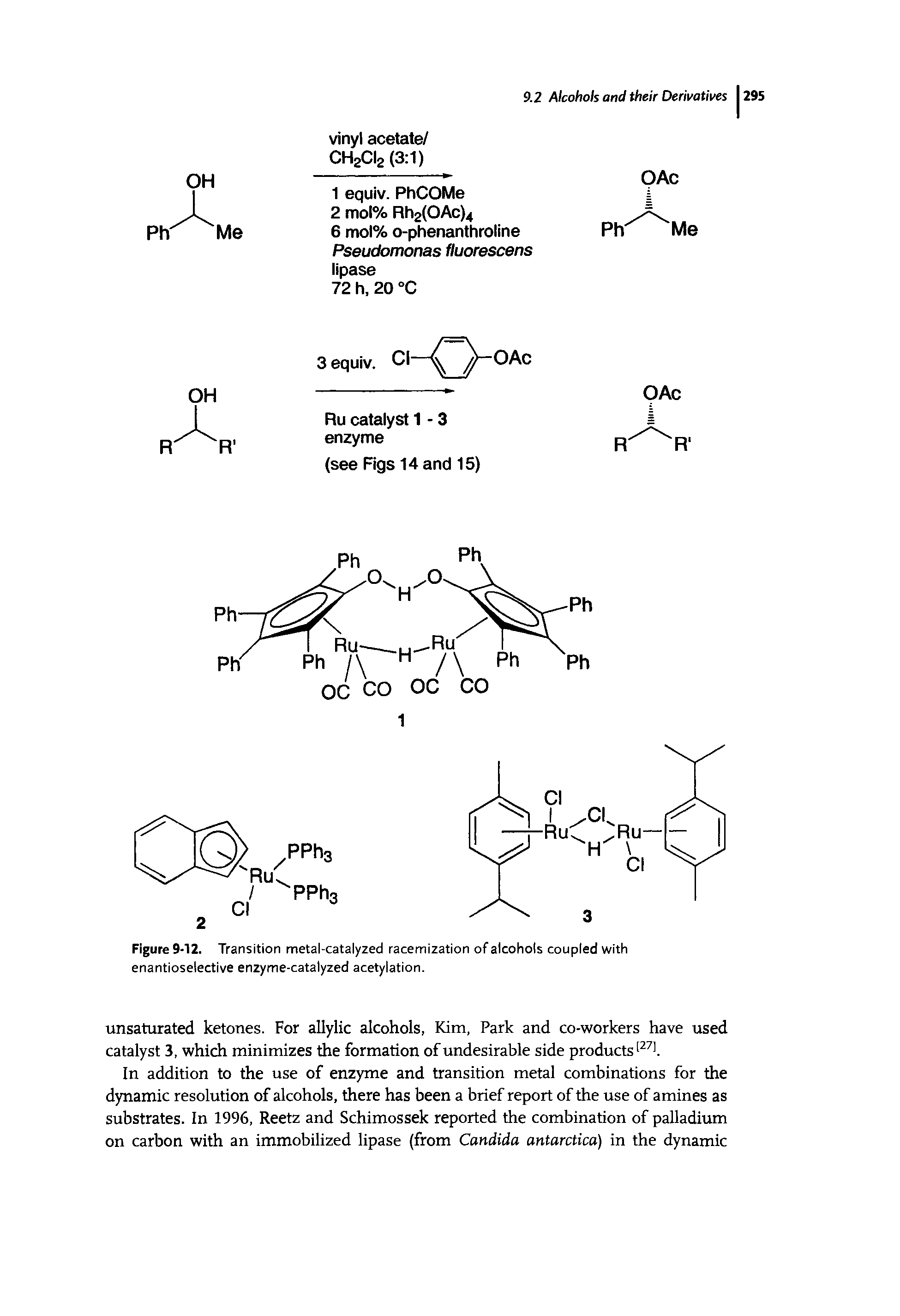 Figure 9-12. Transition metal-catalyzed racemization of alcohols coupled with enantioselective enzyme-catalyzed acetylation.