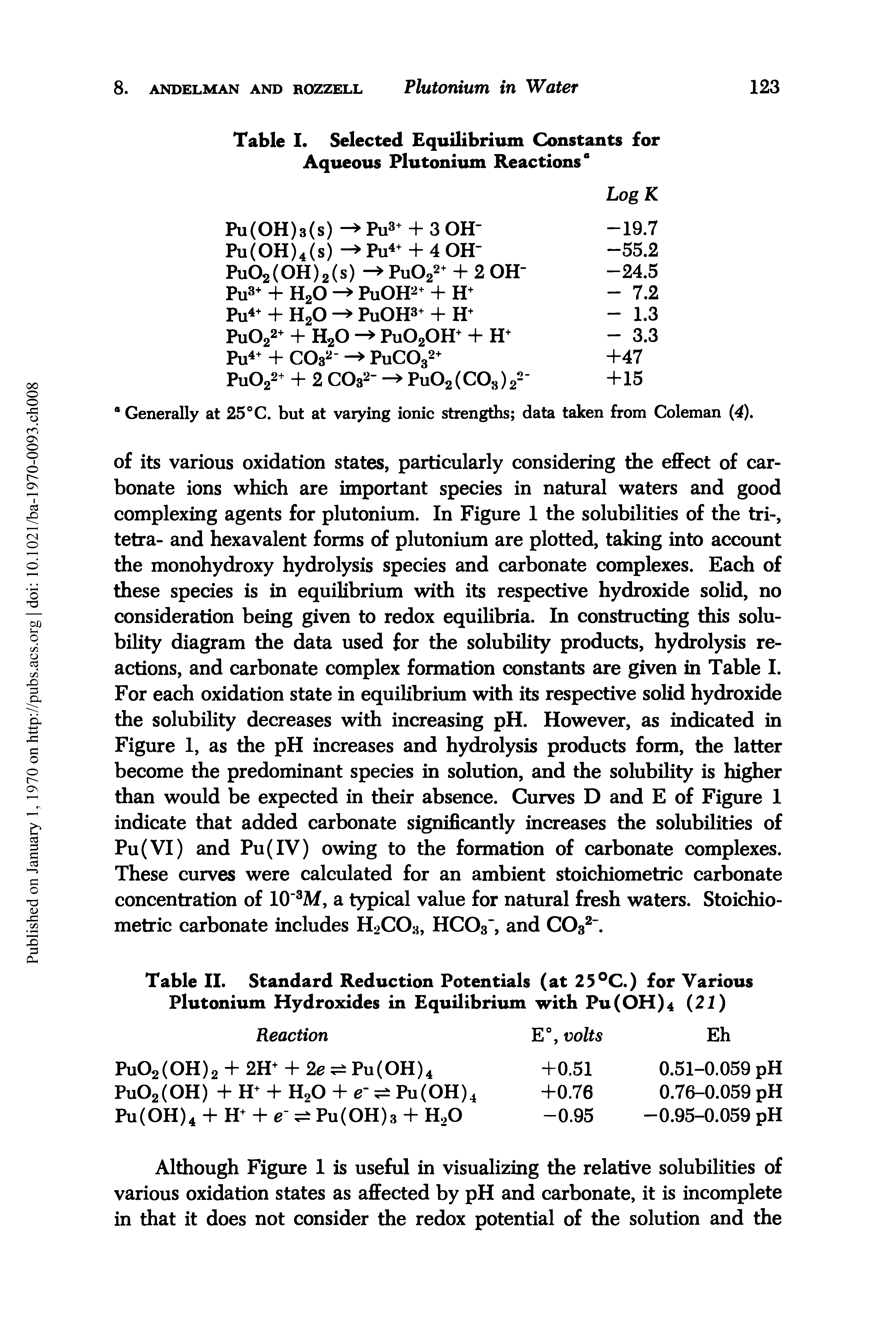Table I. Selected Equilibrium Constants for Aqueous Plutonium Reactions0...