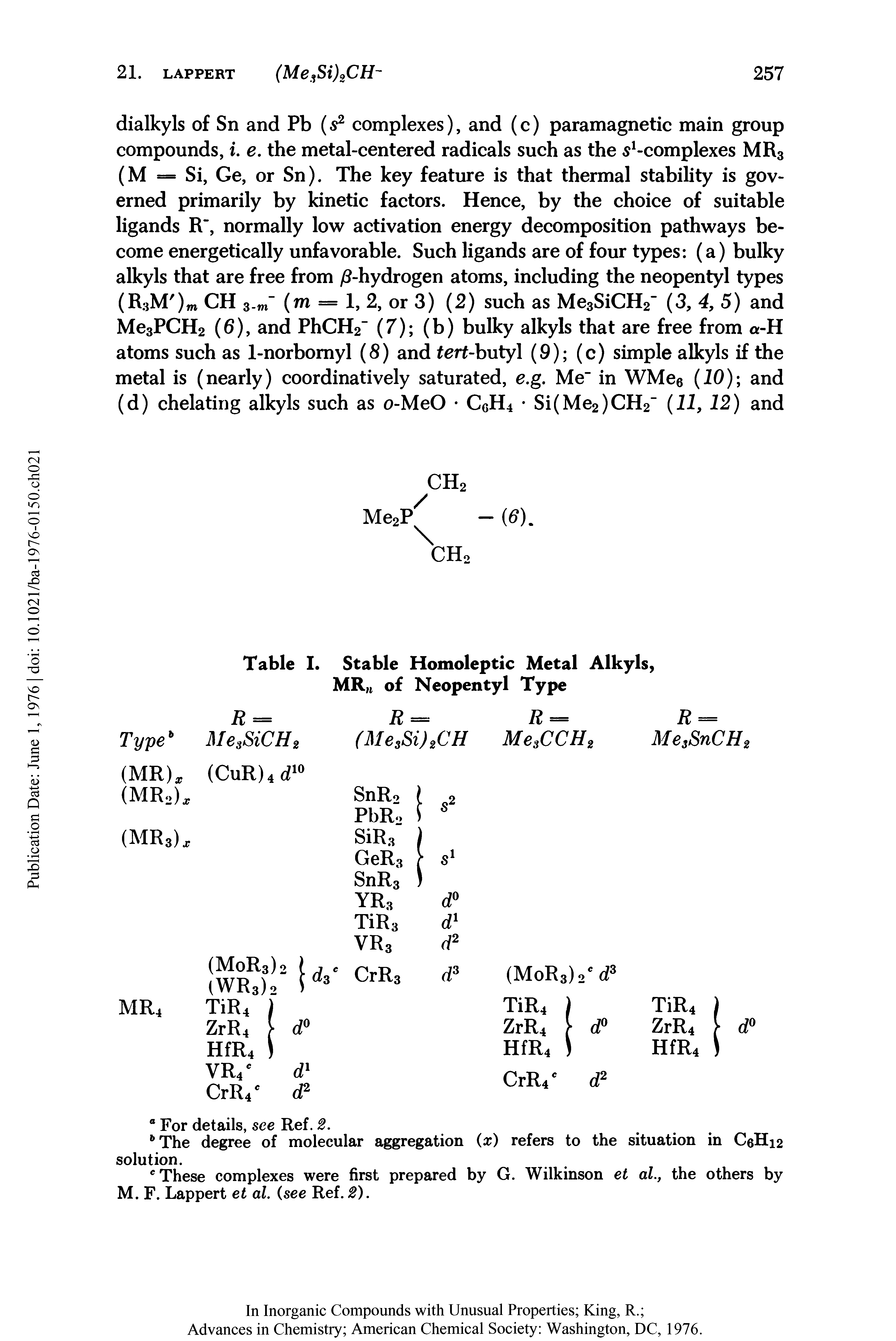 Table I. Stable Homoleptic Metal Alkyls, MRh of Neopentyl Type...