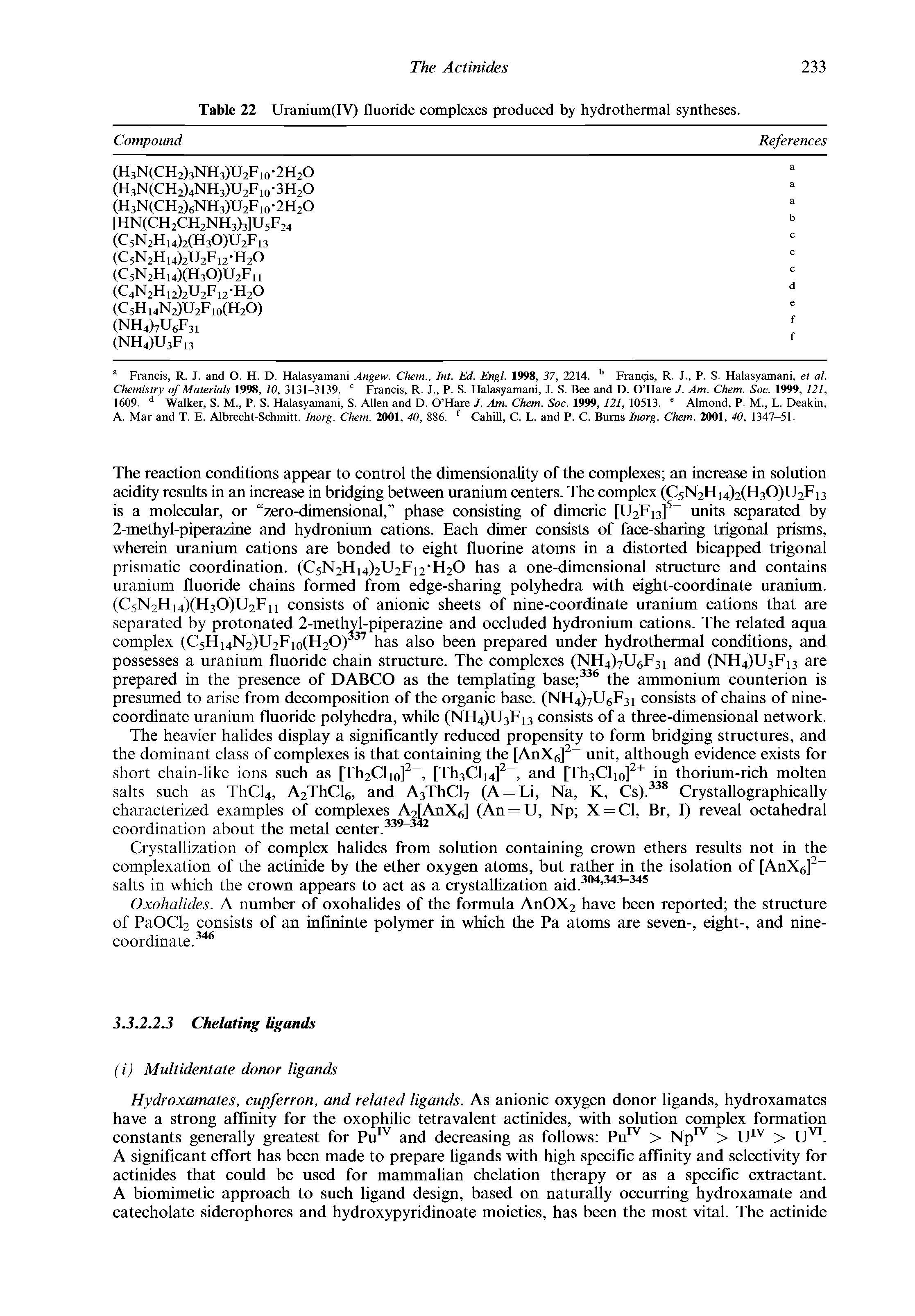 Table 22 Uranium(IV) fluoride complexes produced by hydrothermal syntheses.