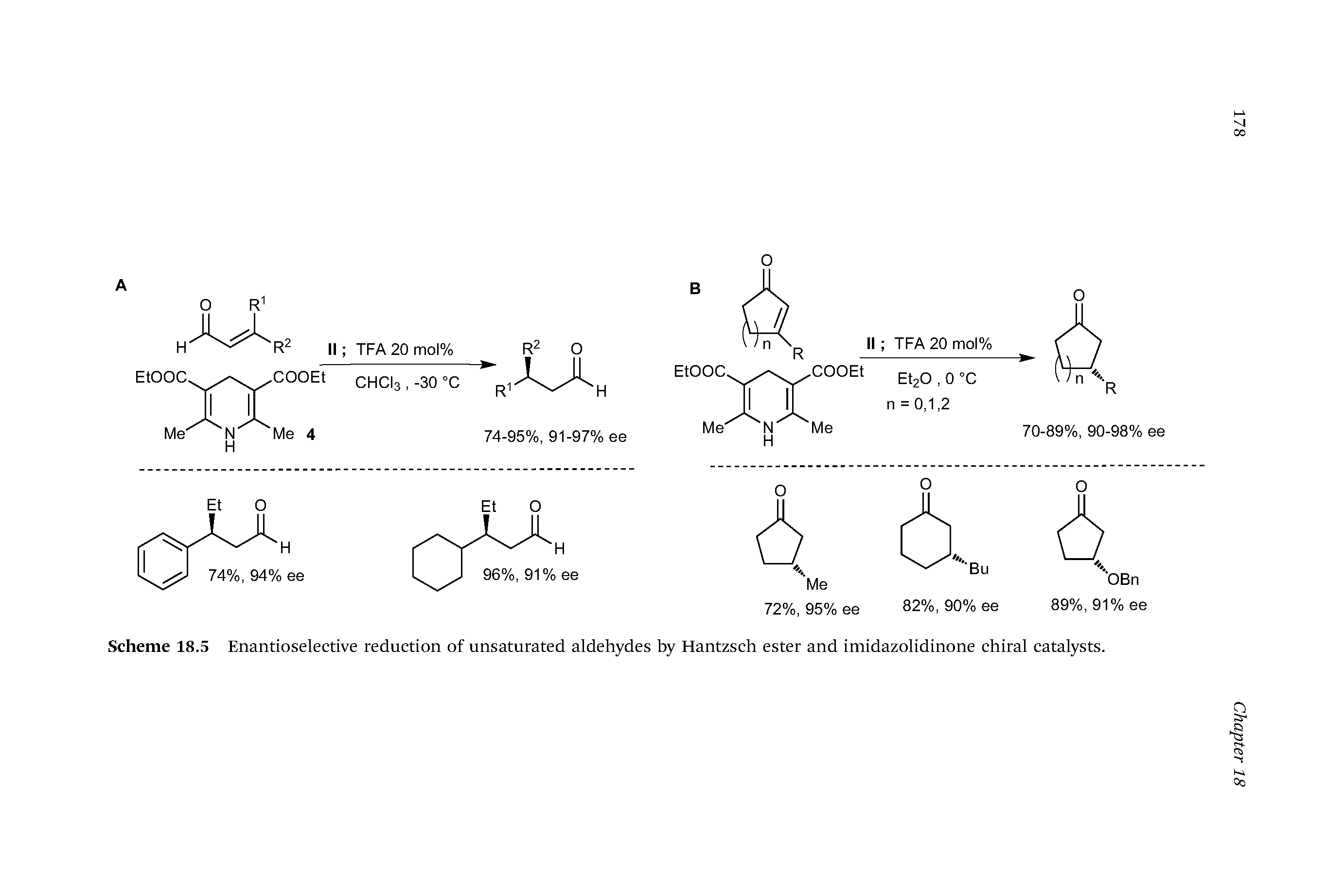 Scheme 18.5 Enantioselective reduction of unsaturated aldehydes by Hantzsch ester and imidazolidinone chiral catalysts.