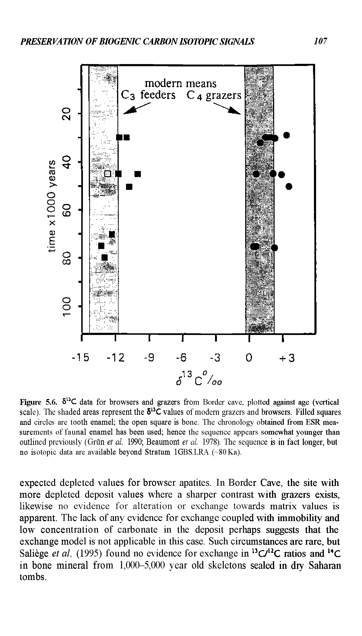 Figure 5.6. 5 C data for browsers and grazers from Border cave, plotted against age (vertical scale). The shaded areas represent the 5 C values of modem grazers and browsers. Filled squares and circles are tooth enamel the open square is bone. The chronology obtained from ESR measurements of faunal enamel has been used hence the sequence appears somewhat younger than outlined previously (Grun et al. 1990 Beaumont et al. 1978). The sequence is in fact longer, but no isotopic data are available beyond Stratum IGBS.LRA ( 80Ka).