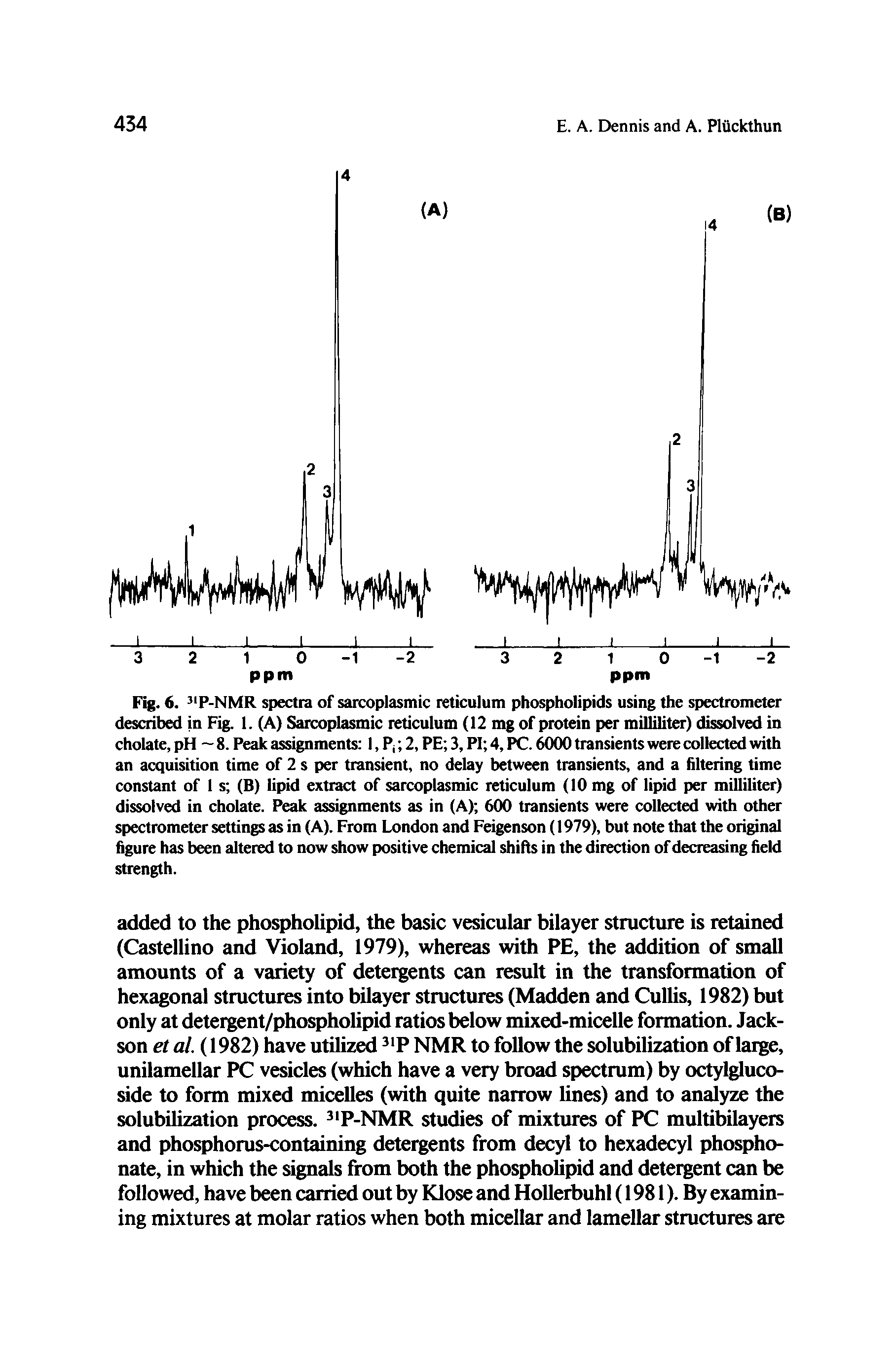 Fig. 6. 3 P-NMR spectra of sarcoplasmic reticulum phospholipids using the spectrometer described in Fig. 1. (A) Sarcoplasmic reticulum (12 mg of protein per milliliter) dissolved in cholate, pH 8. Peak assignments 1, P 2, PE 3, PI 4, PC. 6000 transients were collected with an acquisition time of 2 s per transient, no delay between transients, and a filtering time constant of 1 s (B) lipid extract of sarcoplasmic reticulum (10 mg of lipid per milliliter) dissolved in cholate. Peak assignments as in (A) 600 transients were collected with other spectrometer settings as in (A). From London and Feigenson (1979), but note that the original figure has been altered to now show positive chemical shifts in the direction of decreasing field strength.