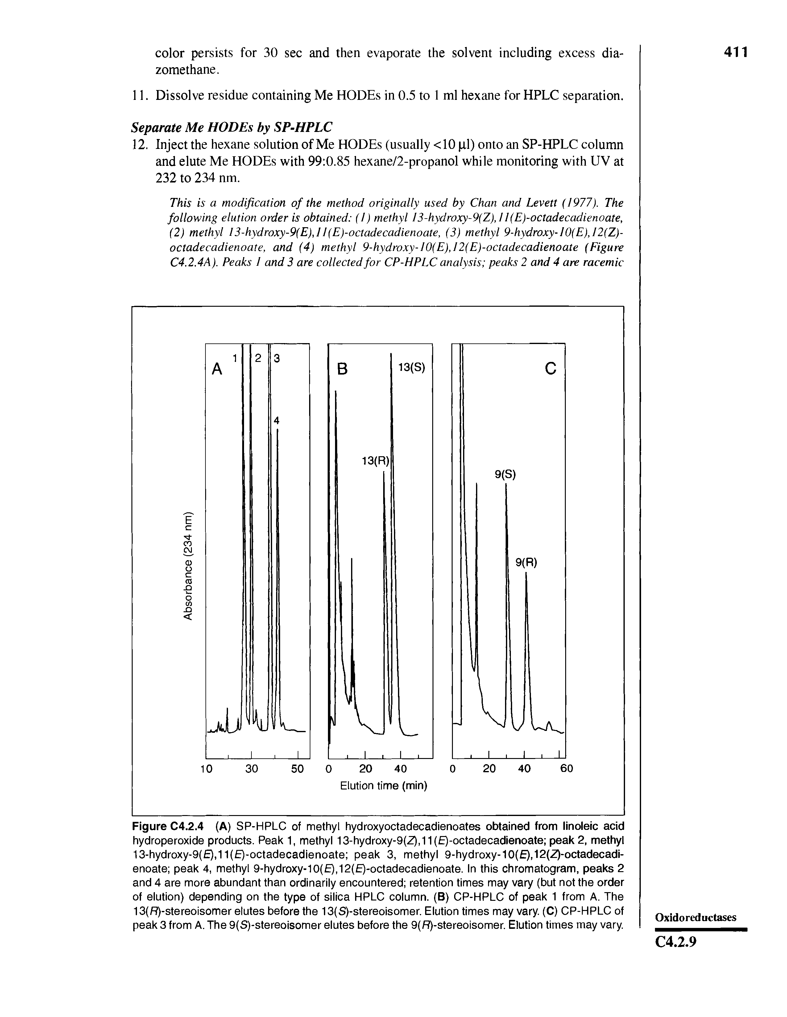 Figure C4.2.4 (A) SP-HPLC of methyl hydroxyoctadecadienoates obtained from linoleic acid hydroperoxide products. Peak 1, methyl 13-hydroxy-9(Z),11( )-octadecadienoate peak 2, methyl 13-hydroxy-9( ),11(E)-octadecadienoate peak 3, methyl 9-hydroxy-10(E),12(Z)-octadecadi-enoate peak 4, methyl 9-hydroxy-10( ),12( )-octadecadienoate. In this chromatogram, peaks 2 and 4 are more abundant than ordinarily encountered retention times may vary (but not the order of elution) depending on the type of silica HPLC column. (B) CP-HPLC of peak 1 from A. The 13(R)-stereoisomer elutes before the 13(S)-stereoisomer. Elution times may vary. (C) CP-HPLC of peak 3 from A. The 9(S)-stereoisomer elutes before the 9(R)-stereoisomer. Elution times may vary.