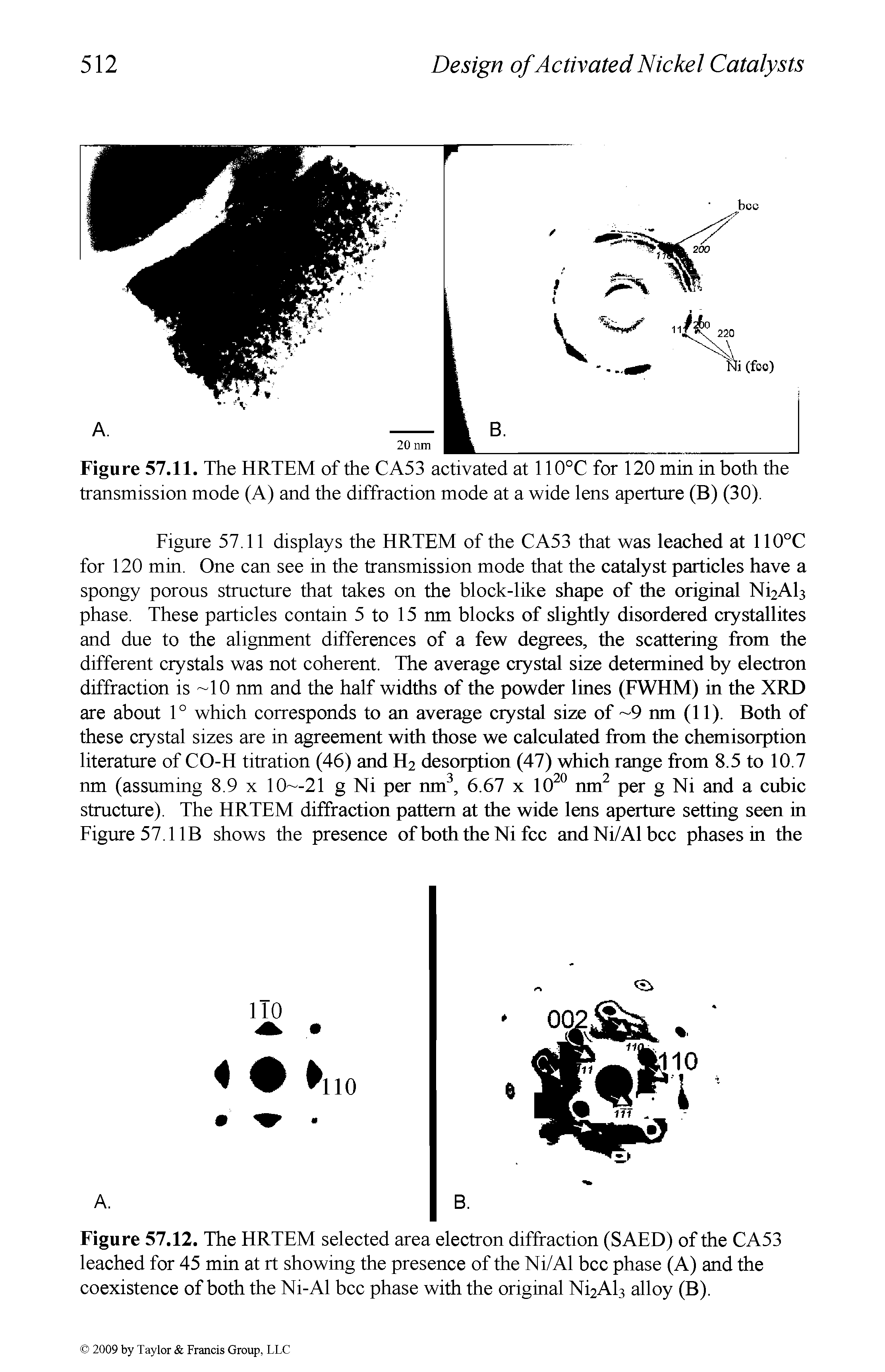 Figure 57.11. The HRTEM of the CA53 aetivated at 110°C for 120 min in both the transmission mode (A) and the diffraetion mode at a wide lens aperture (B) (30).