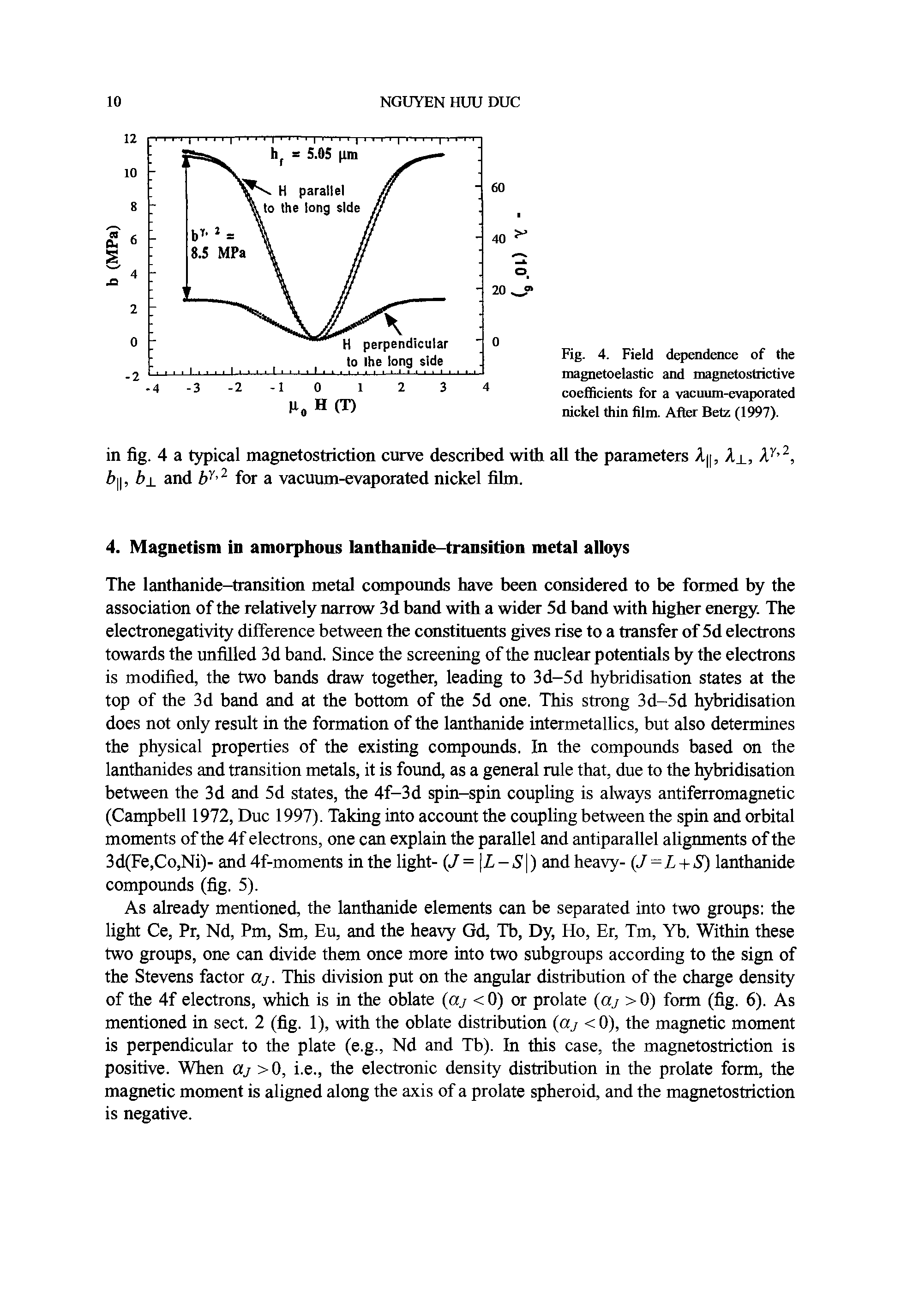 Fig. 4. Field dependence of the magnetoelastic and magnetostrictive coefficients for a vacuum-evaporated nickel thin film. After Betz (1997).