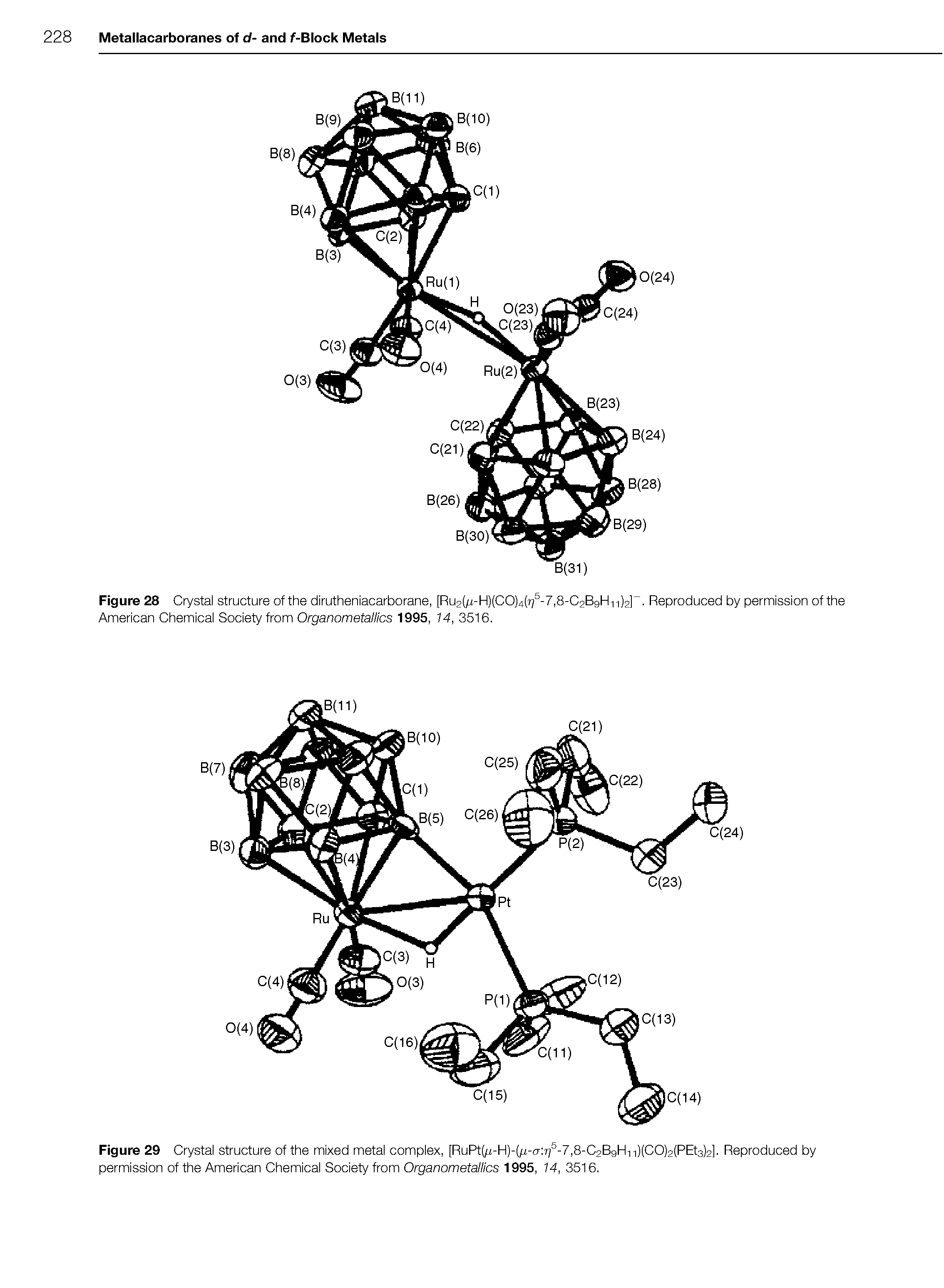 Figure 29 Crystal structure of the mixed metal complex, [RuPt(/i-HH/i-o- rj5-7,8-C2B9H-n)(CO)2(PEt3)2]. Reproduced by permission of the American Chemical Society from Organometallics 1995, 14, 3516.