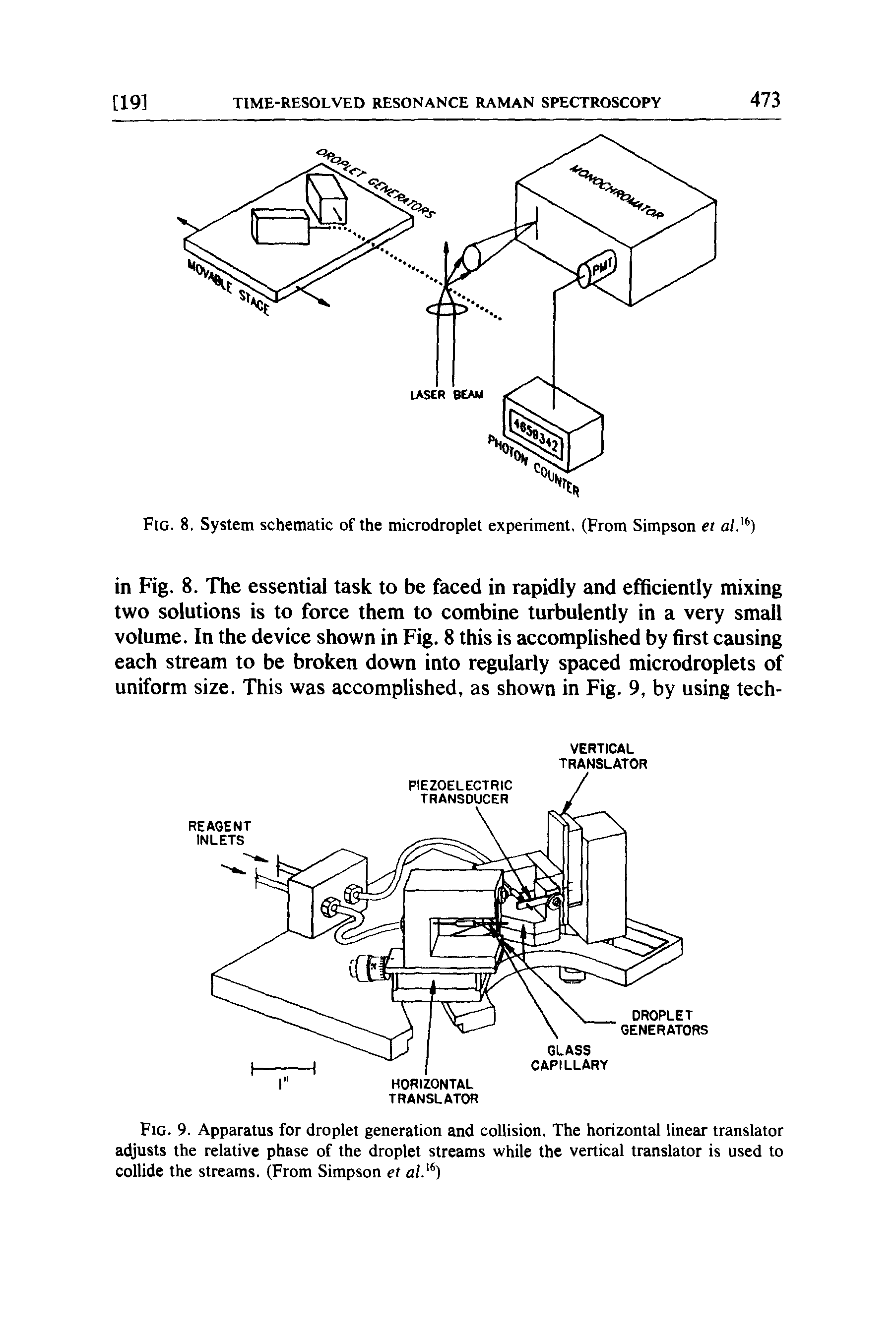 Fig. 9. Apparatus for droplet generation and collision. The horizontal linear translator adjusts the relative phase of the droplet streams while the vertical translator is used to collide the streams. (From Simpson et...