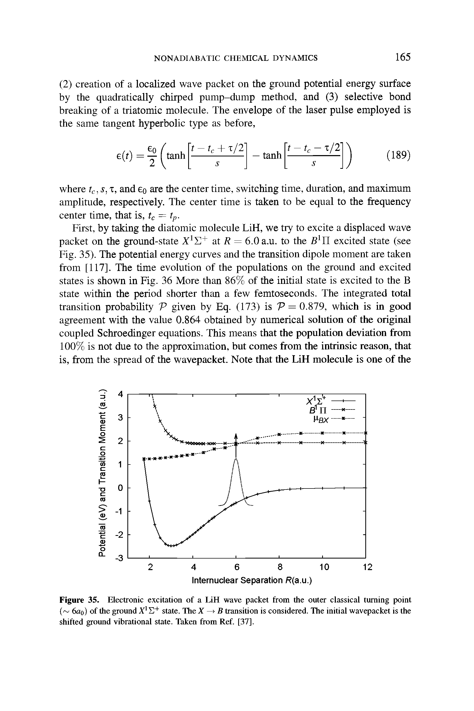 Figure 35. Electronic excitation of a LiH wave packet from the outer classical turning point 6ao) of the ground X S" state. The X —> B transition is considered. The initial wavepacket is the shifted ground vibrational state. Taken from Ref. [37].