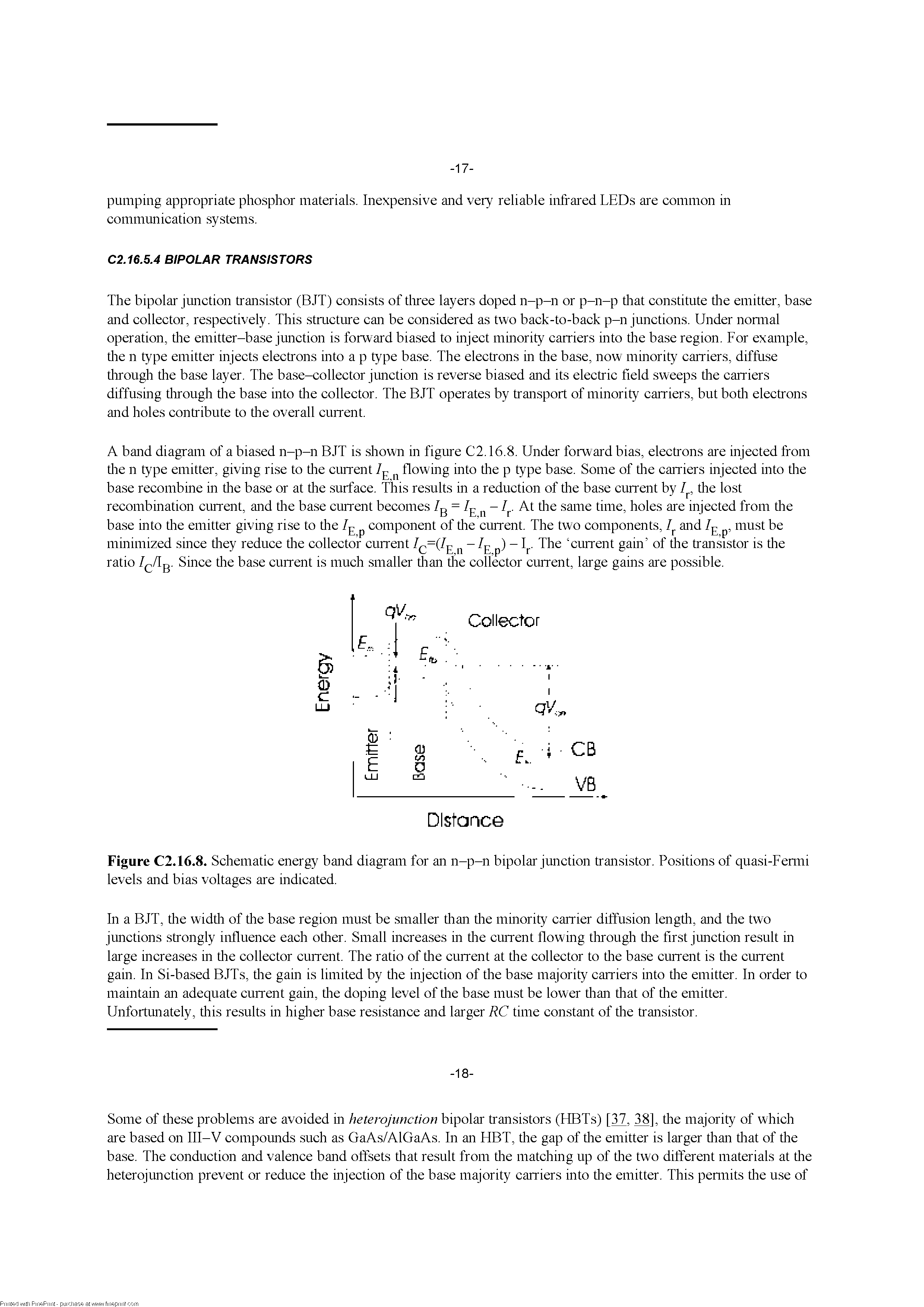 Figure C2.16.8. Schematic energy band diagram for an n-p-n bipolar junction transistor. Positions of quasi-Fenni levels and bias voltages are indicated.