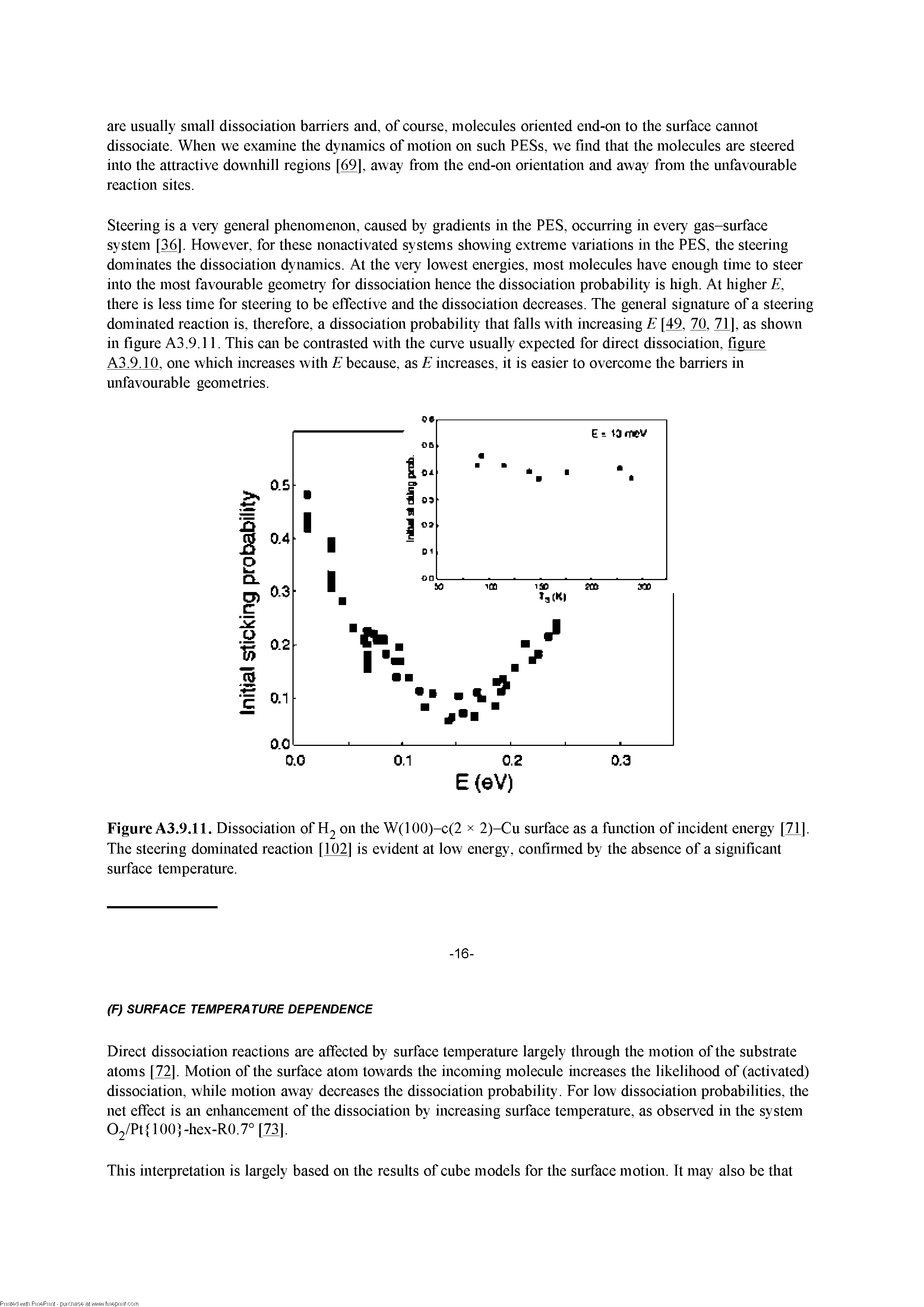 Figure A3.9.11. Dissociation of H2 on the W(100)-c(2 x 2)-Cu surface as a function of incident energy [71]. The steering dominated reaction [102] is evident at low energy, confmned by the absence of a significant surface temperature.