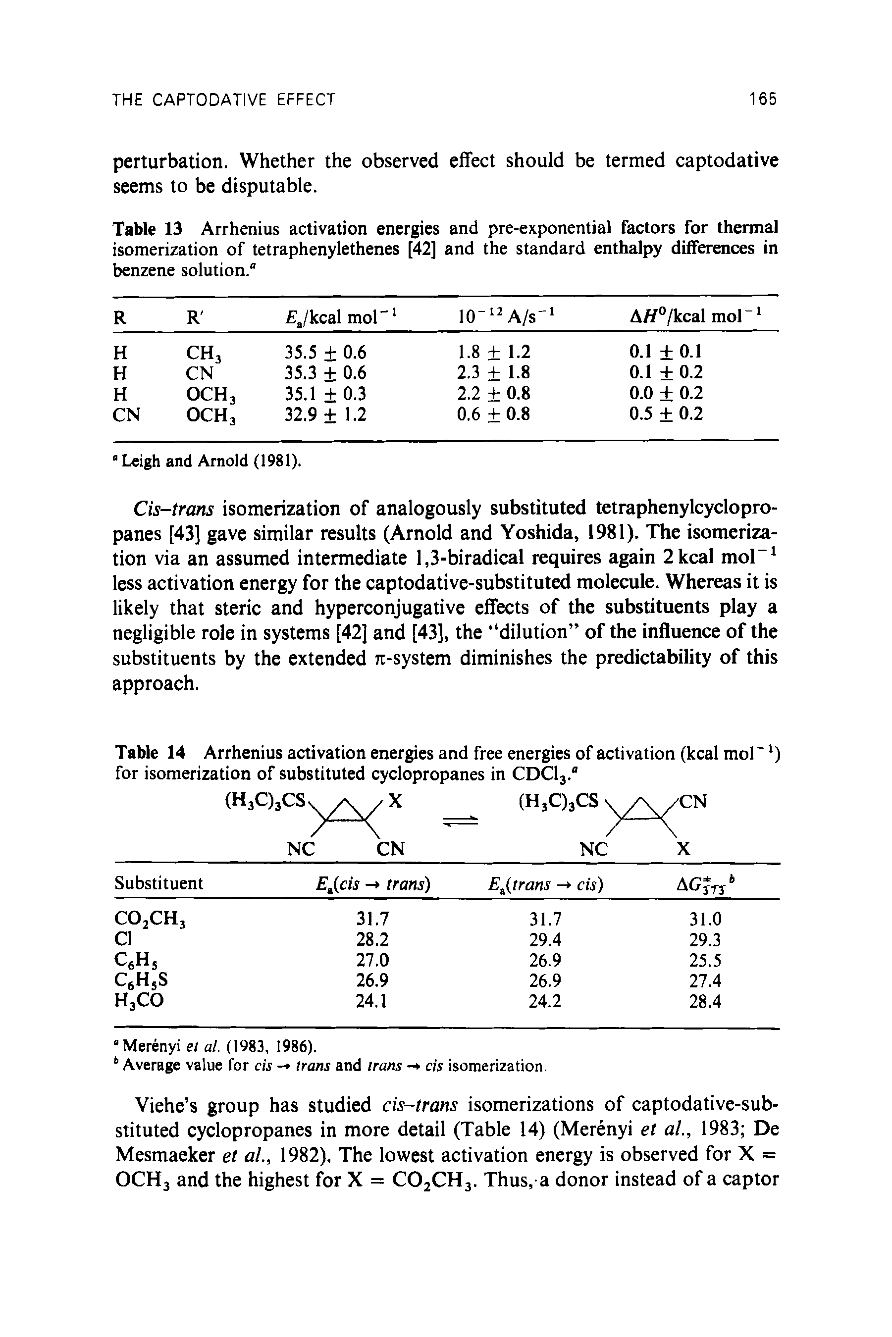 Table 13 Arrhenius activation energies and pre-exponential factors for thermal isomerization of tetraphenylethenes [42] and the standard enthalpy differences in benzene solution."...