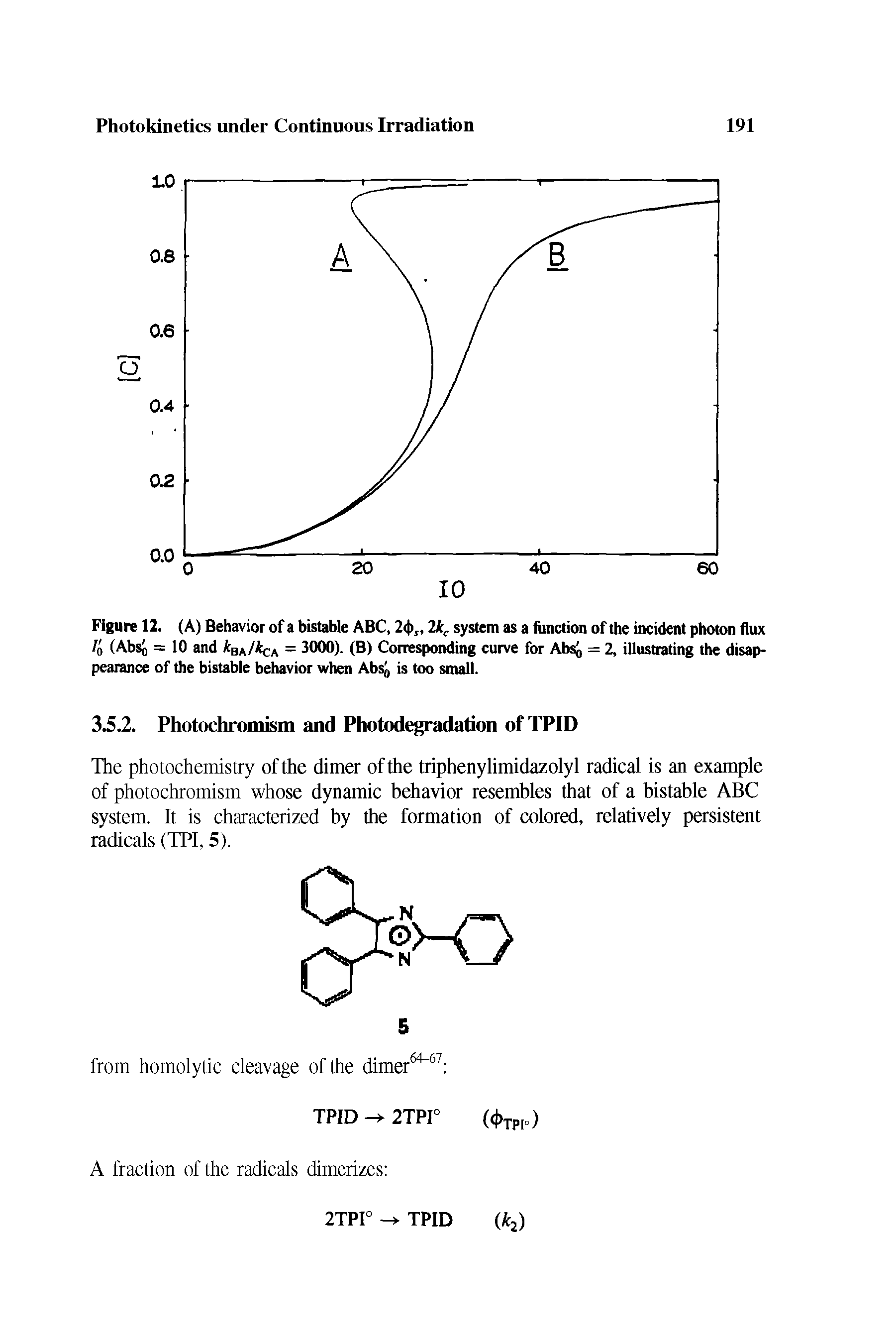 Figure 12. (A) Behavior of a bistable ABC, 2(1)5,2kc system as a function of the incident photon flux /o (AbsJj = 10 and ba/ ca = 300°) (B) Corresponding curve for Abs = 2, illustrating the disappearance of the bistable behavior when AbsJ, is too small.