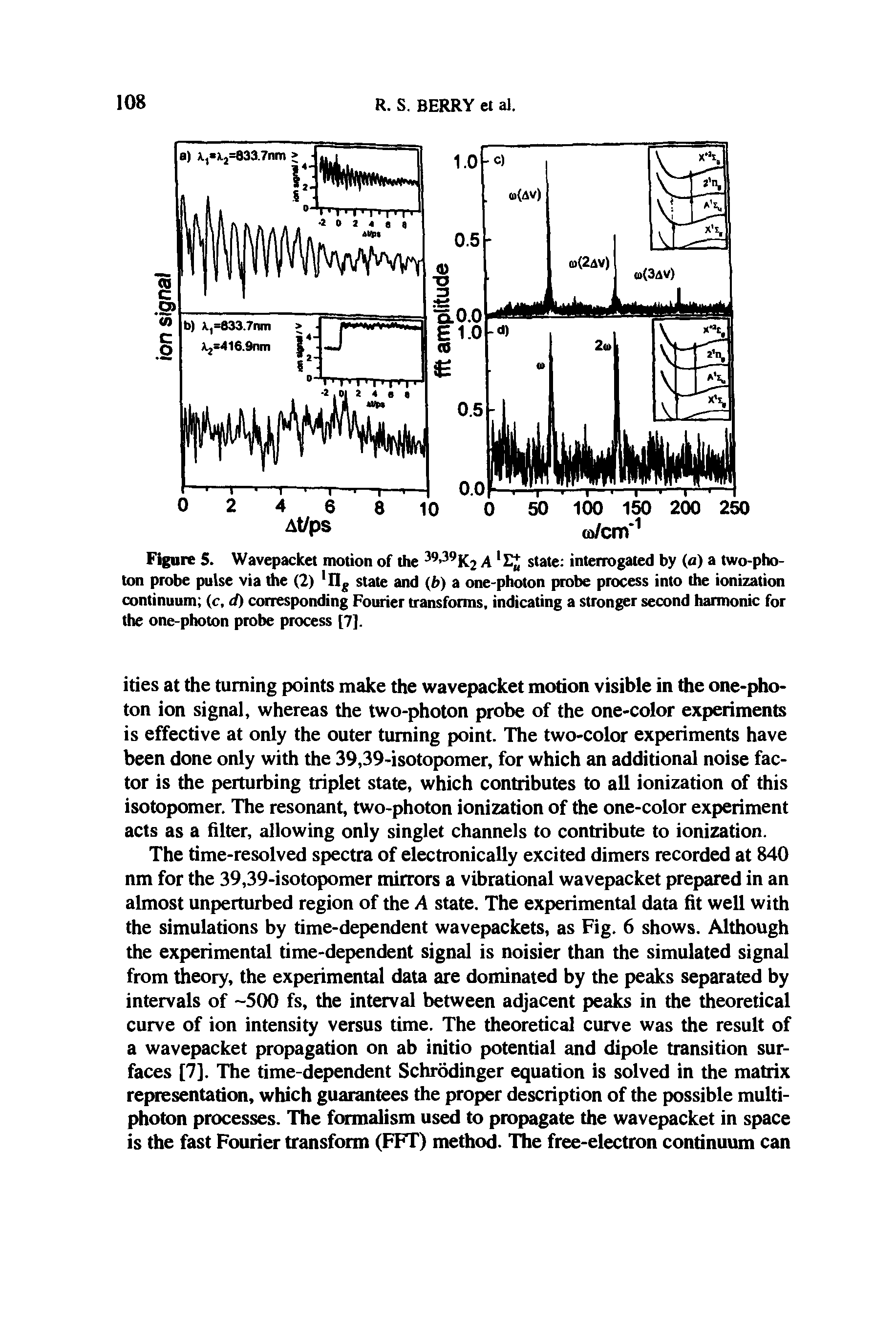 Figure 5. Wavepacket motion of the 39,39 K2 A state interrogated by (a) a two-photon probe pulse via the (2) 1 IIg state and (i>) a one-photon probe process into the ionization continuum (c, d) corresponding Fourier transforms, indicating a stronger second harmonic for the one-photon probe process [7].
