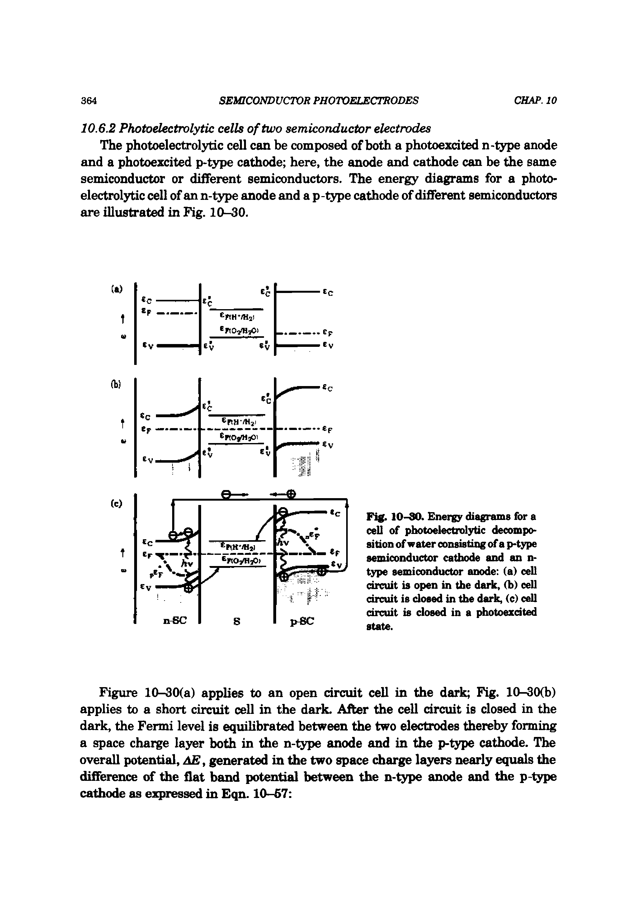 Fig. 10-80. Energy diagrams for a cell of photoelectrolytic decomposition of water consisting of a p-type semiconductor cathode and an n-type semiconductor anode (a) cell circuit is open in the daric, (b) cell circuit is closed in the dark, (c) cell circuit is closed in a i toexdted state.