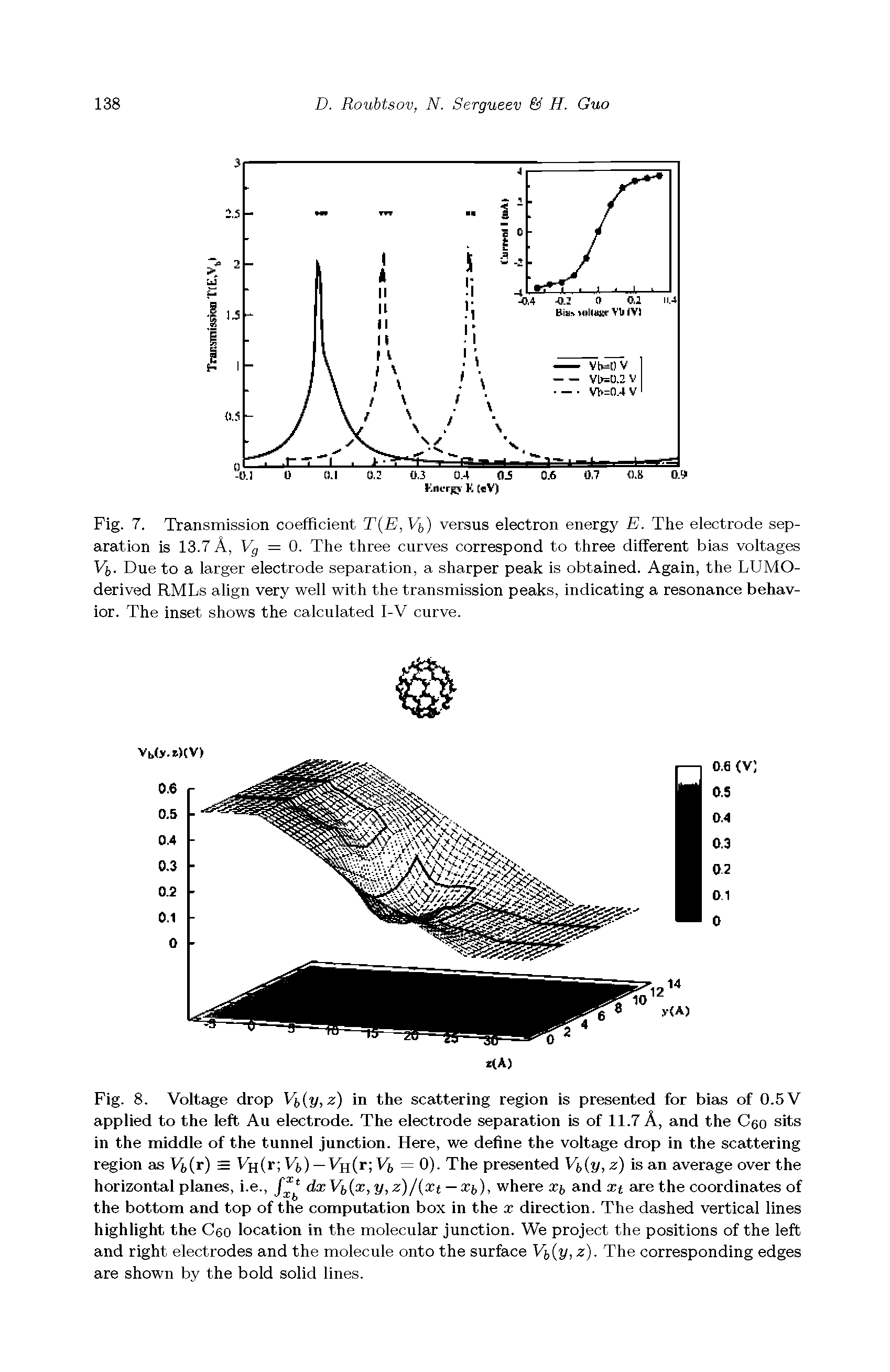 Fig. 8. Voltage drop Vi, /, z) in the scattering region is presented for bias of 0.5 V applied to the left Au electrode. The electrode separation is of 11.7 A, and the C60 sits in the middle of the tunnel junction. Here, we define the voltage drop in the scattering region as Vj,(r) = Vn(r Vj,) — Vjj(r Vj, = 0). The presented Vj,(y, z) is an average over the horizontal planes, i.e., f dxV, (x,y,z)/(xt — xt>), where xt, and xt are the coordinates of the bottom and top of the computation box in the x direction. The dashed vertical lines highlight the C60 location in the molecular junction. We project the positions of the left and right electrodes and the molecule onto the surface Vf,(y, z). The corresponding edges are shown by the bold solid lines.