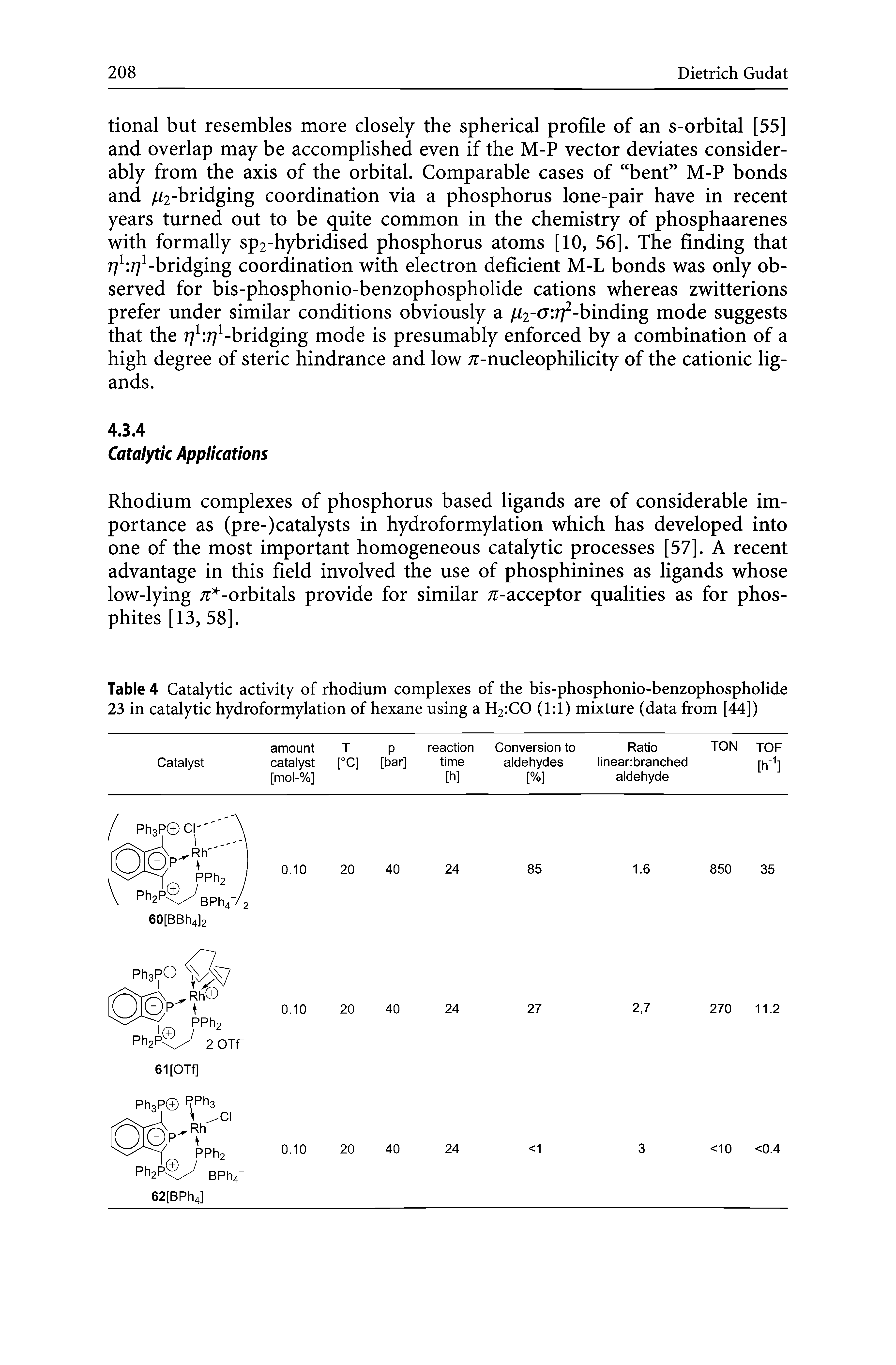 Table 4 Catalytic activity of rhodium complexes of the bis-phosphonio-benzophospholide 23 in catalytic hydroformylation of hexane using a H2iCO (1 1) mixture (data from [44])...