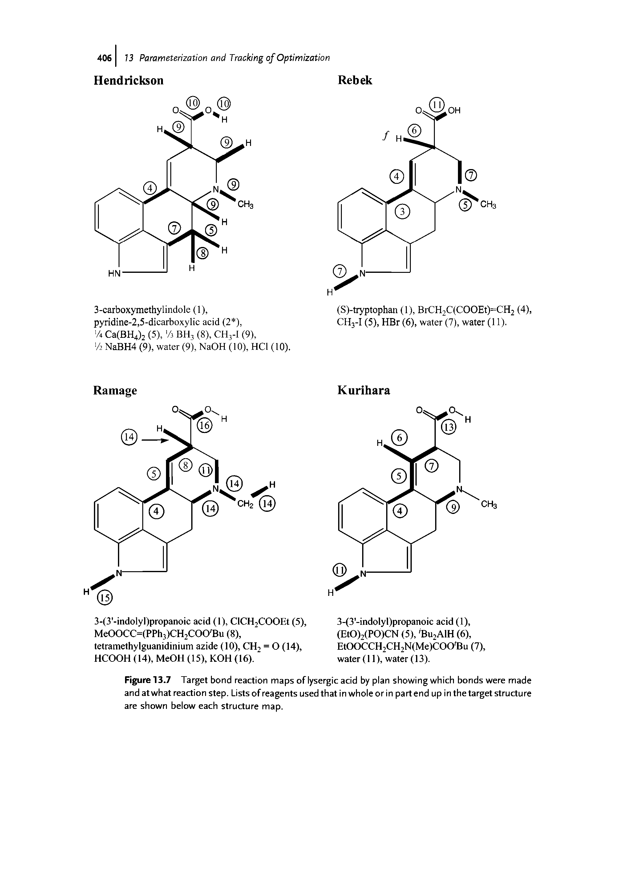 Figure 13.7 Target bond reaction maps of lysergic acid by plan showing which bonds were made and at what reaction step. Lists of reagents used that in whole or in part end up in the target structure are shown below each structure map.