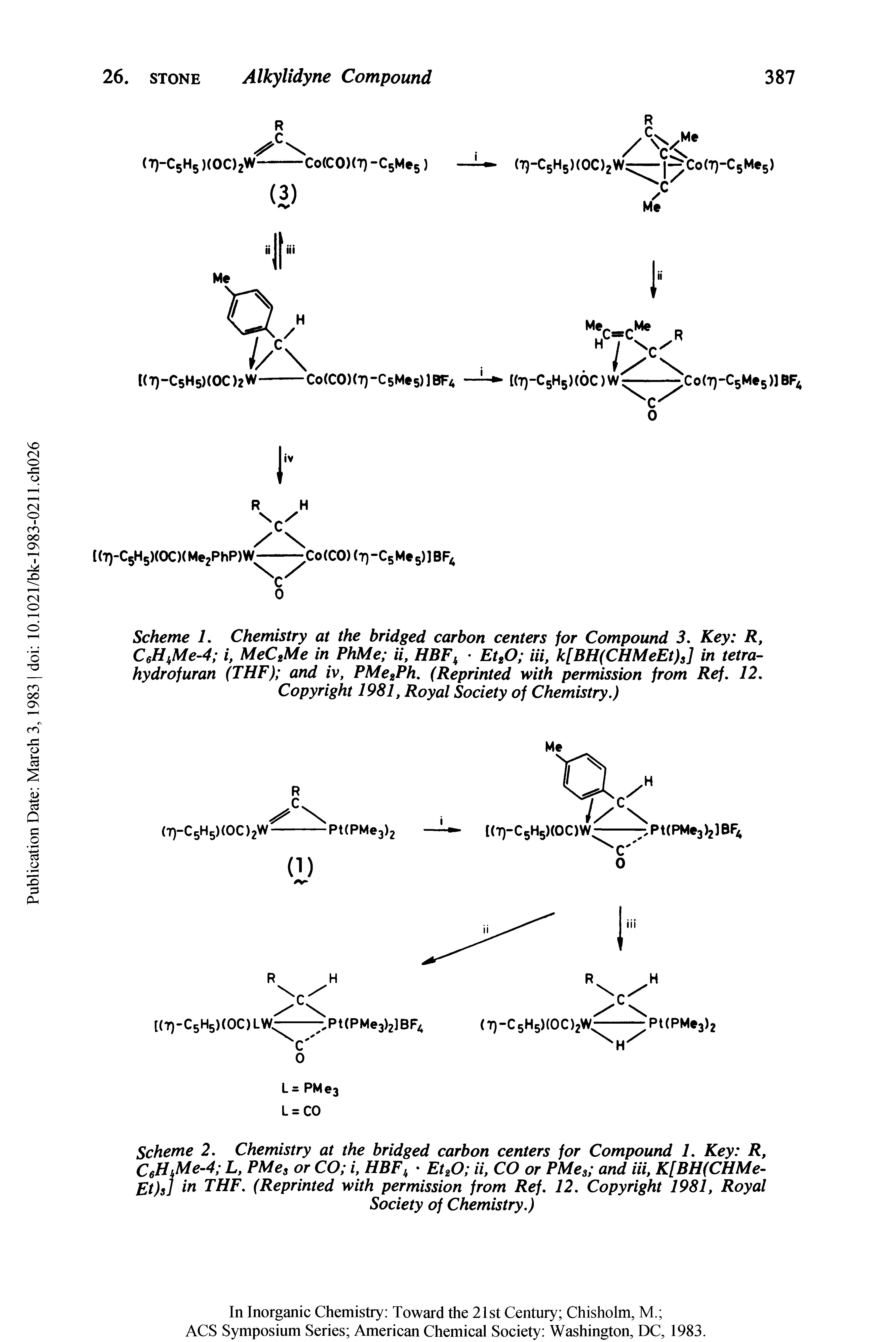 Scheme 1. Chemistry at the bridged carbon centers for Compound 3. Key R, CeH Me-4 i, MeC2Me in PhMe ii, HBFh EtsO iii, k[BH(CHMeEt)s] in tetra-hydrofuran (THF) and iv, PMe2Ph. (Reprinted with permission from Ref. 12. Copyright 1981, Royal Society of Chemistry.)...