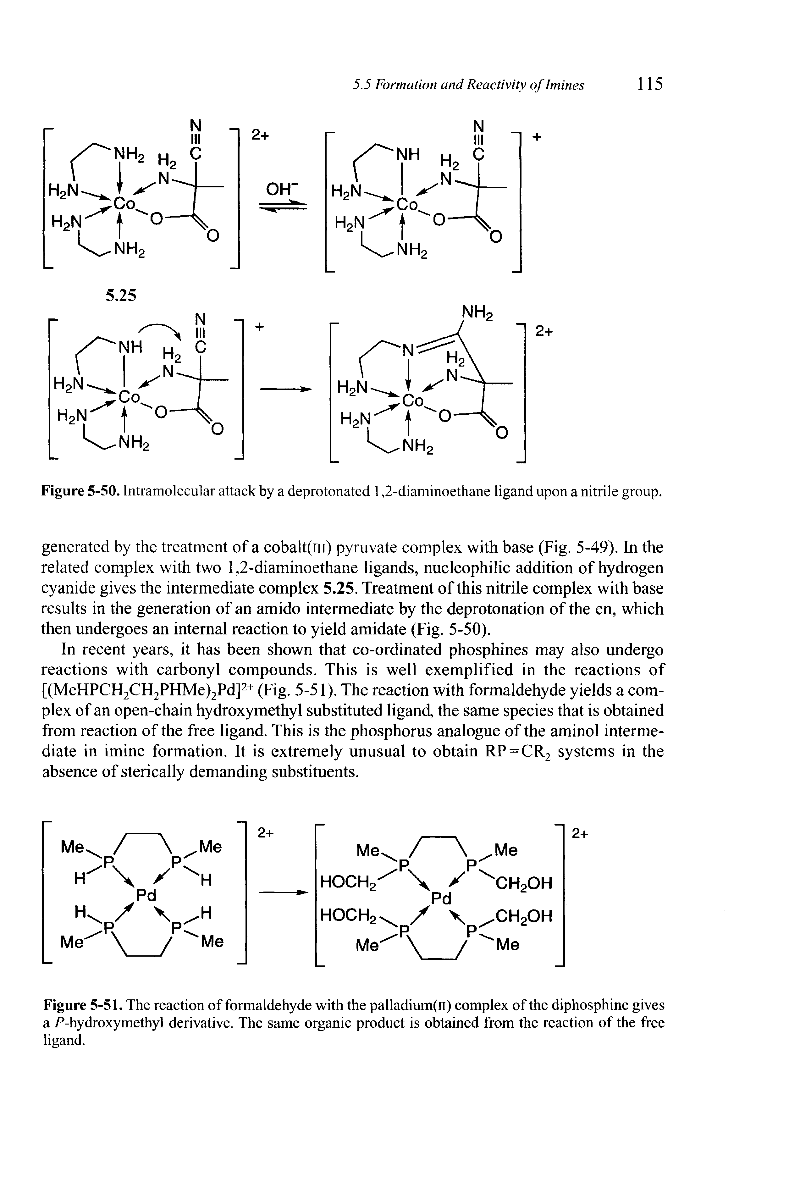 Figure 5-51. The reaction of formaldehyde with the palladium(li) complex of the diphosphine gives a / -hydroxymethyl derivative. The same organic product is obtained from the reaction of the free ligand.