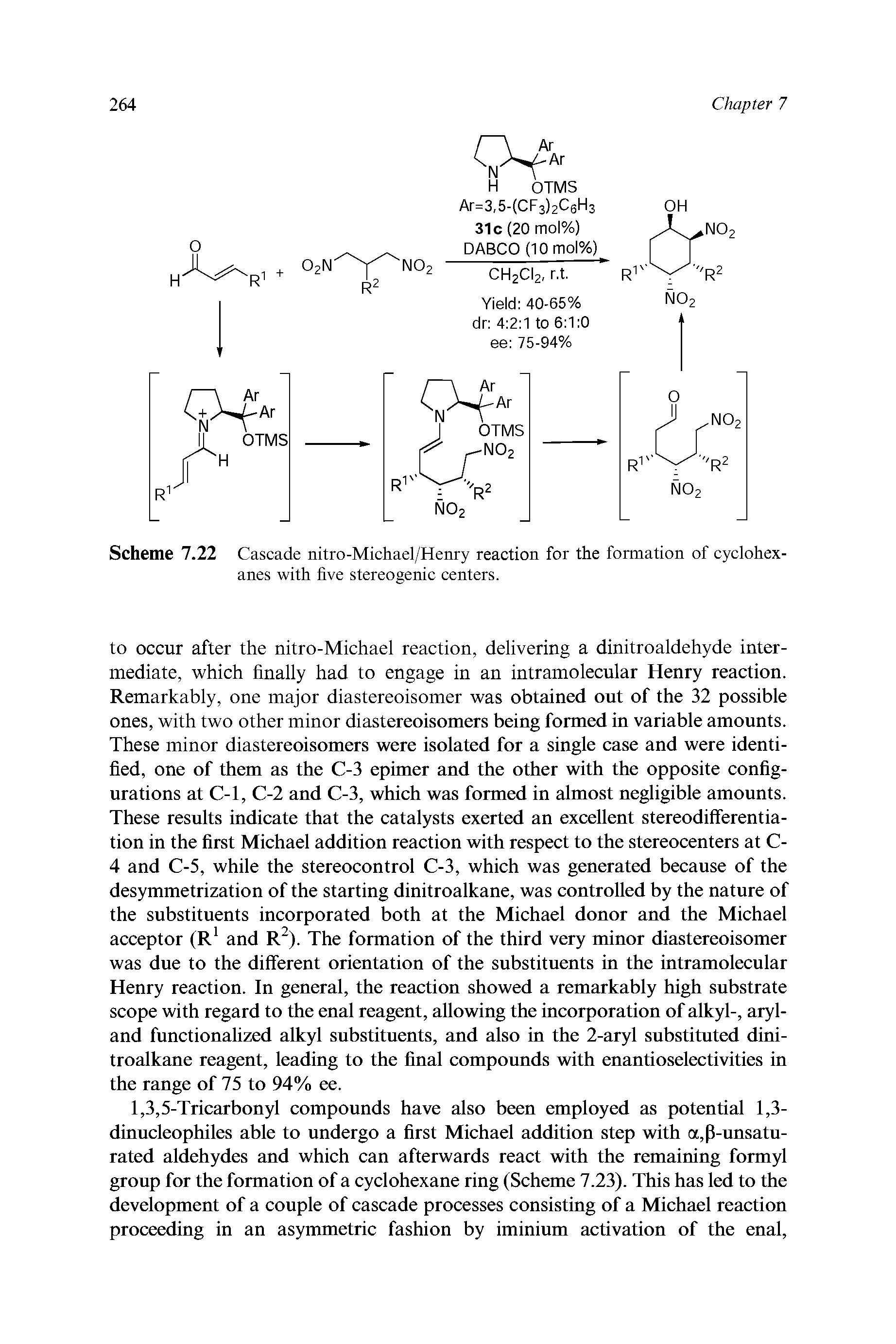 Scheme 7.22 Cascade nitro-Michael/Henry reaction for the formation of cyclohexanes with five stereogenic centers.