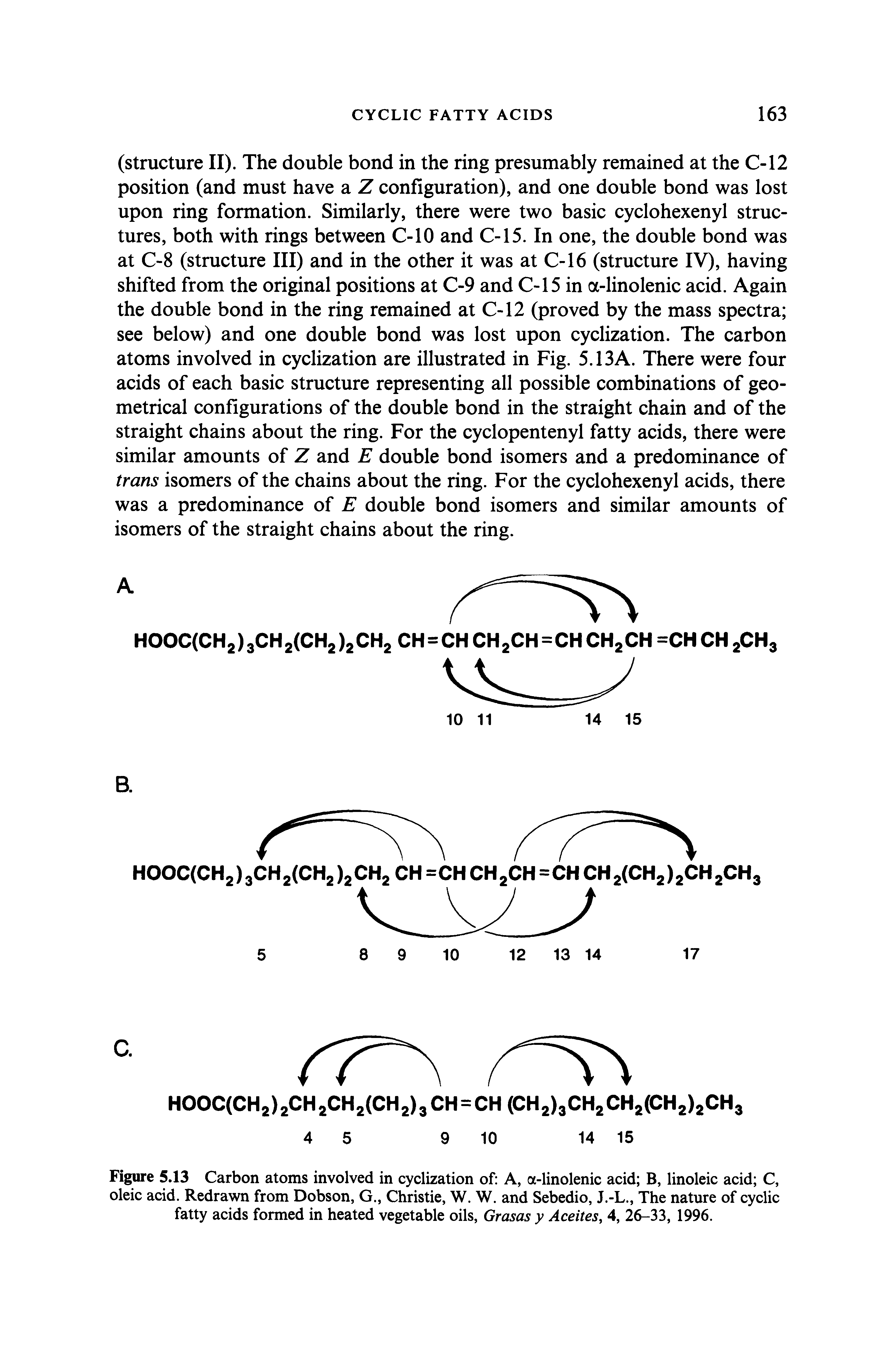 Figure 5.13 Carbon atoms involved in cyclization of A, a-linolenic acid B, linoleic acid C, oleic acid. Redrawn from Dobson, G., Christie, W. W. and Sebedio, J.-L., The nature of cyclic fatty acids formed in heated vegetable oils, Grasas y Aceites, 4, 26-33, 1996.