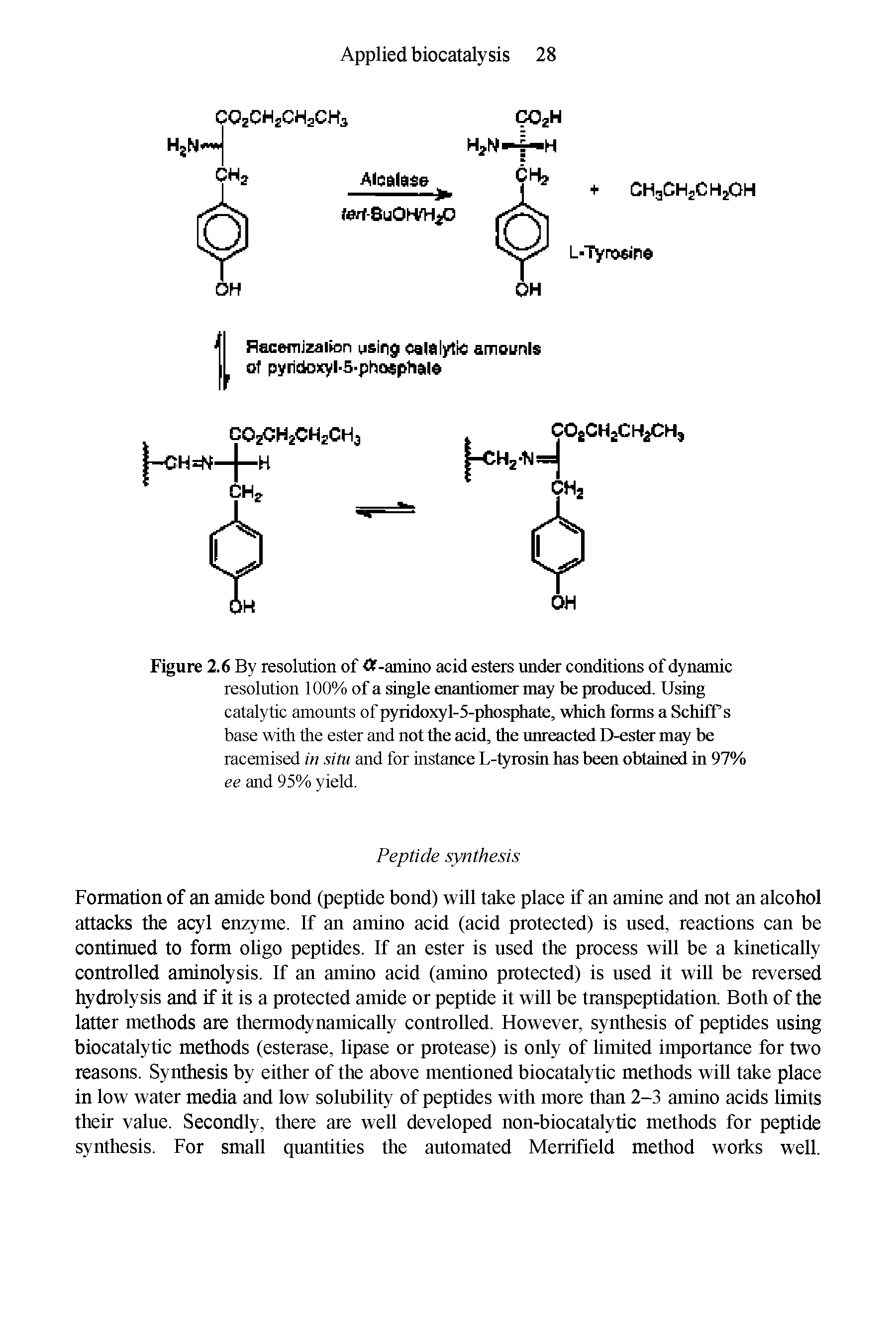 Figure 2.6 By resolution of df-amino acid esters under conditions of dynamic resolution 100% of a single enantiomer may be produced. Using catalytic amounts of pyiidoxyl-5-phosphate, which forms a Schiff s base with the ester and not the acid, the unreacted D-ester may be racemised in situ and for instance L-tyrosin has been obtained in 97% ee and 95% yield.