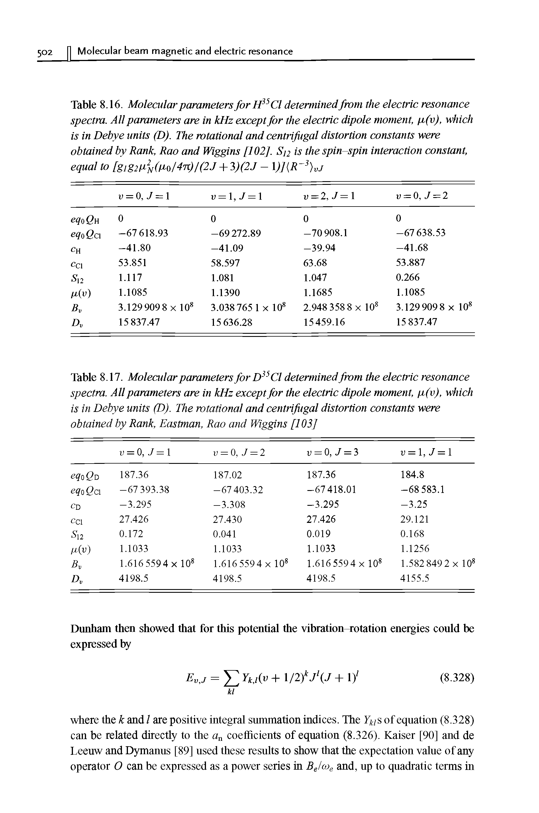 Table 8.16. Molecular parameters for H35 Cl determined from the electric resonance spectra. All parameters are in kHz except for the electric dipole moment, n(v), which is in Debye units (D). The rotational and centrifugal distortion constants were obtained by Rank, Rao and Wiggins [102], S]2 is the spin-spin interaction constant, equal to [gig2ii2N(no/47t)/(2J + 3)(2J - 1)](R 3)vj...