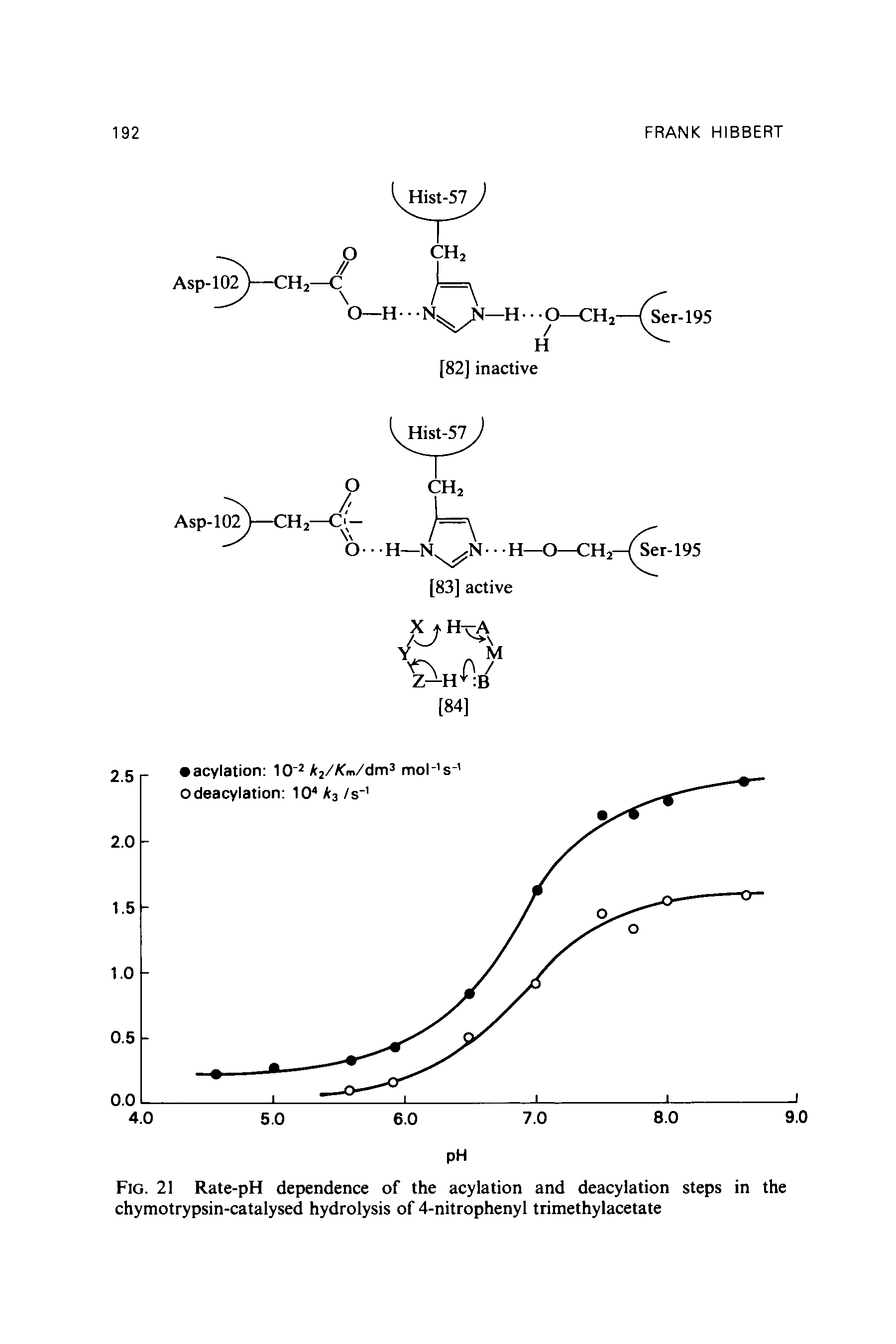 Fig. 21 Rate-pH dependence of the acylation and deacylation steps in the chymotrypsin-catalysed hydrolysis of 4-nitrophenyl trimethylacetate...