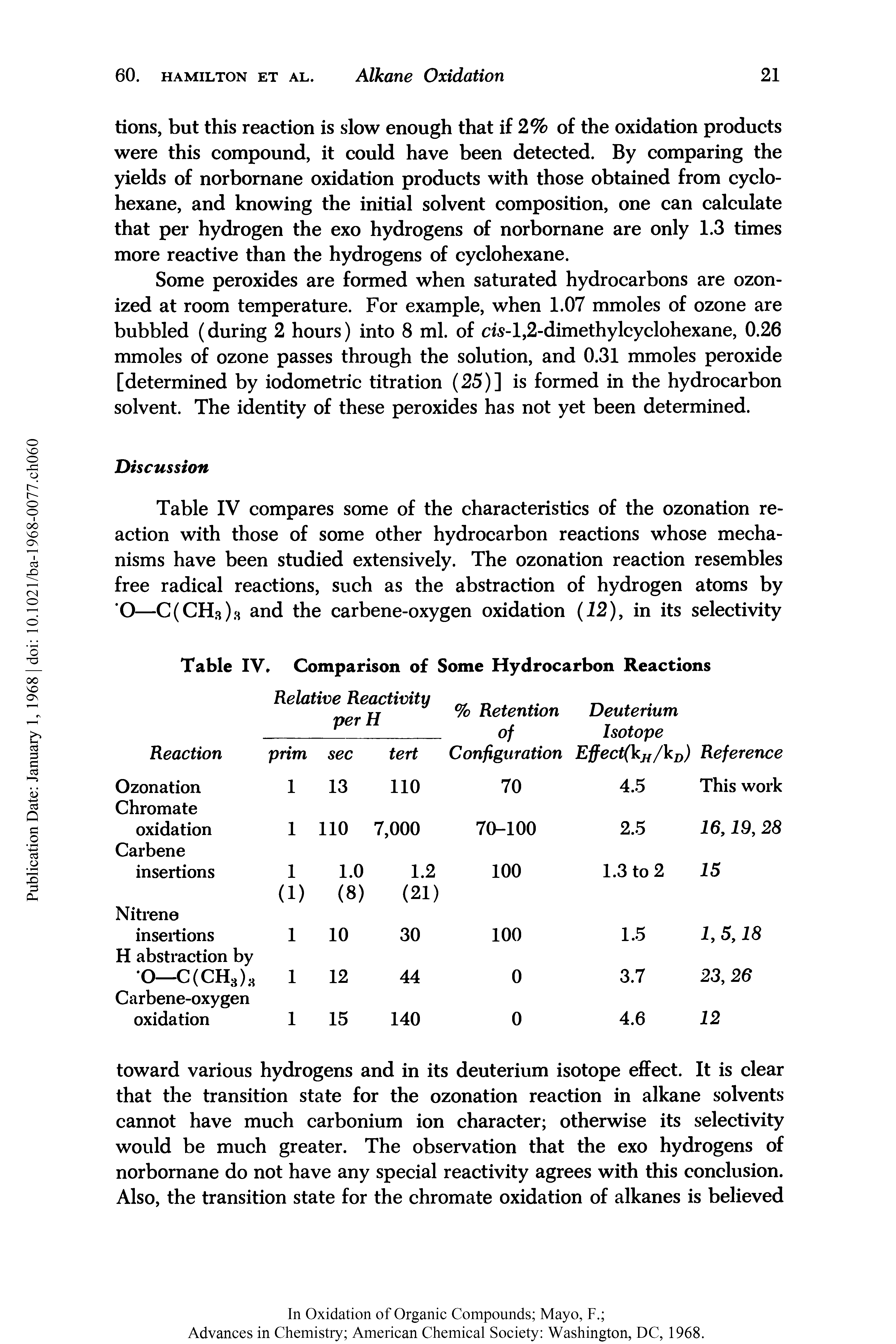Table IV compares some of the characteristics of the ozonation reaction with those of some other hydrocarbon reactions whose mechanisms have been studied extensively. The ozonation reaction resembles free radical reactions, such as the abstraction of hydrogen atoms by O—C(CH3)8 and the carbene-oxygen oxidation (12), in its selectivity...
