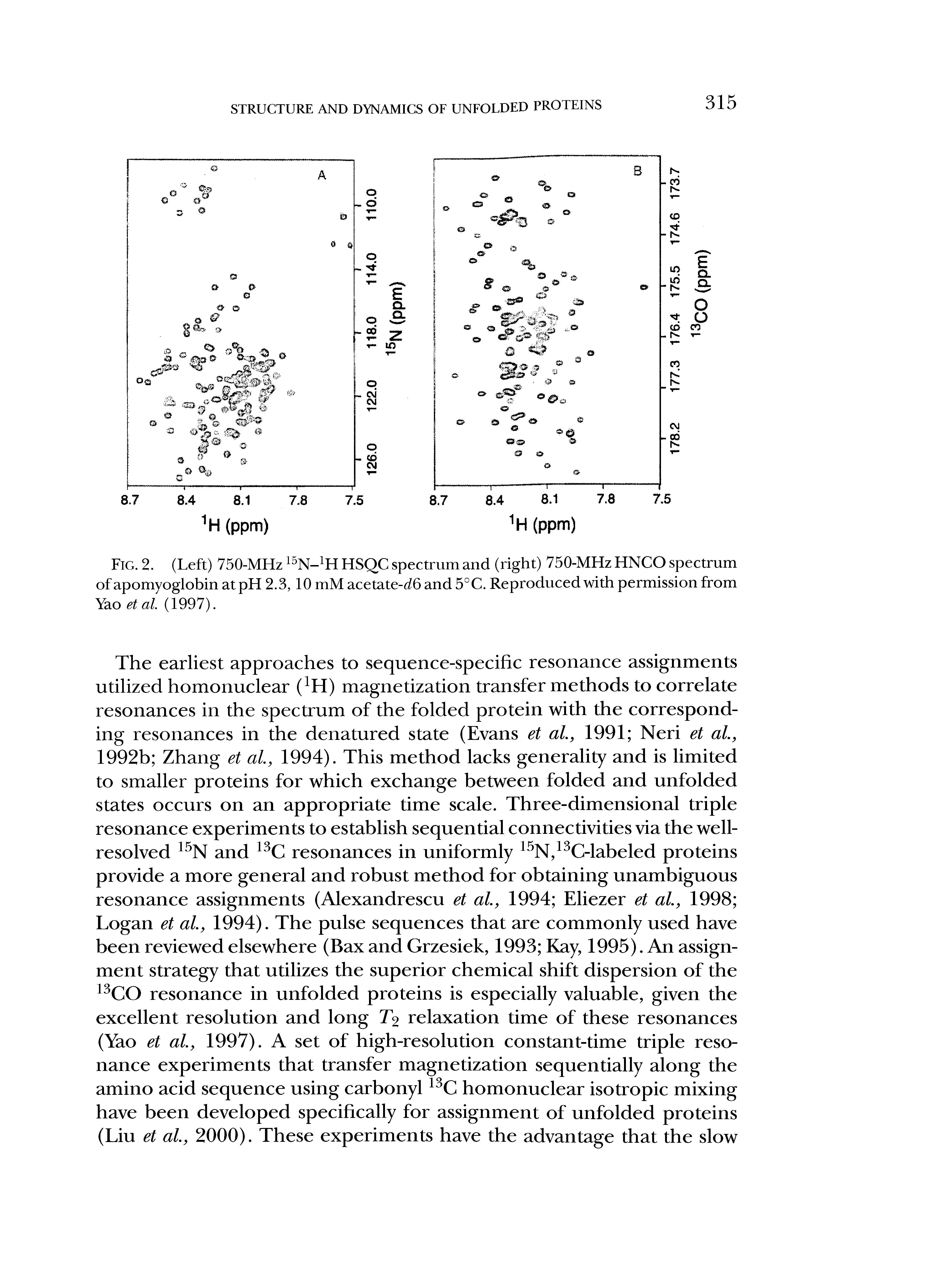 Fig. 2. (Left) 750-MHz 15N- H HSQC spectrum and (right) 750-MHz HNCO spectrum of apomyoglobin at pH 2.3,10 mM acetate-<f6 and 5°C. Reproduced with permission from Yao et al. (1997).