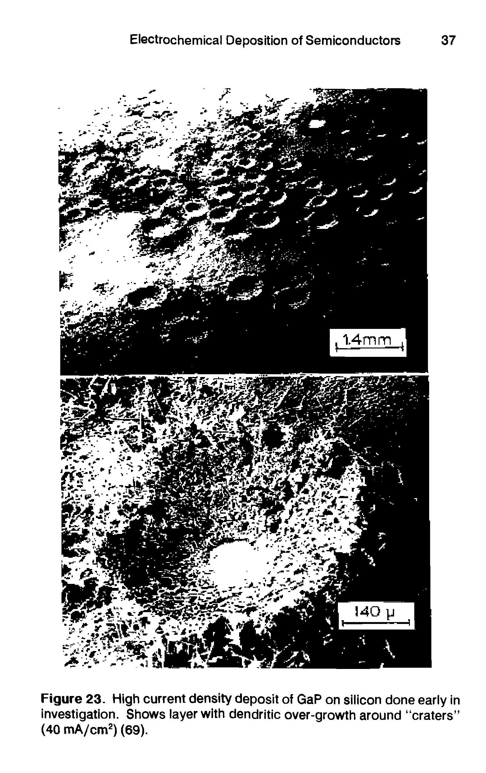 Figure 23. High current density deposit of GaP on silicon done early in investigation. Shows layer with dendritic over-growth around craters (40 mA/cm ) (69).