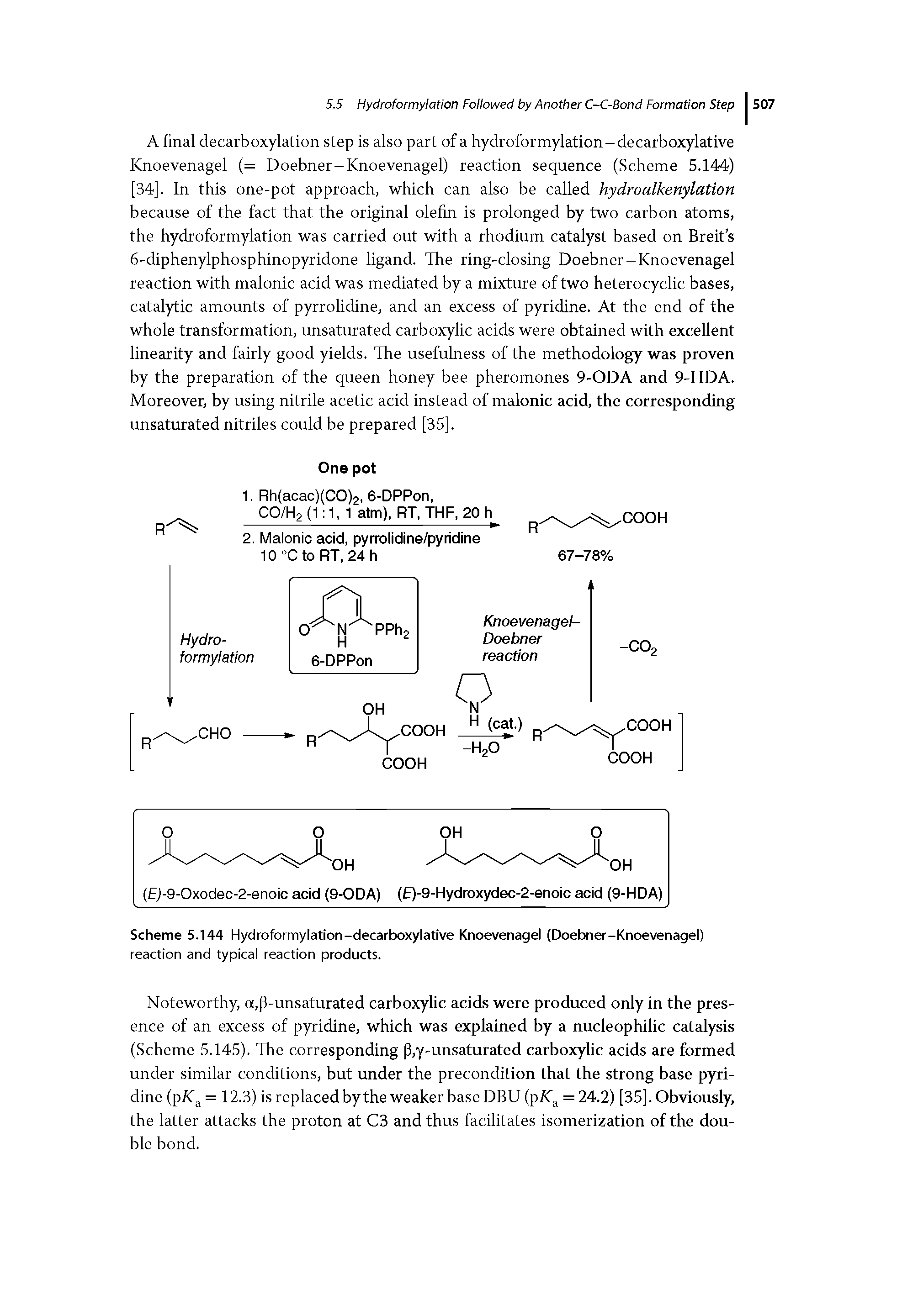 Scheme 5.144 Hydroformylation-decarboxylative Knoevenagel (Doebner-Knoevenagel) reaction and typical reaction products.