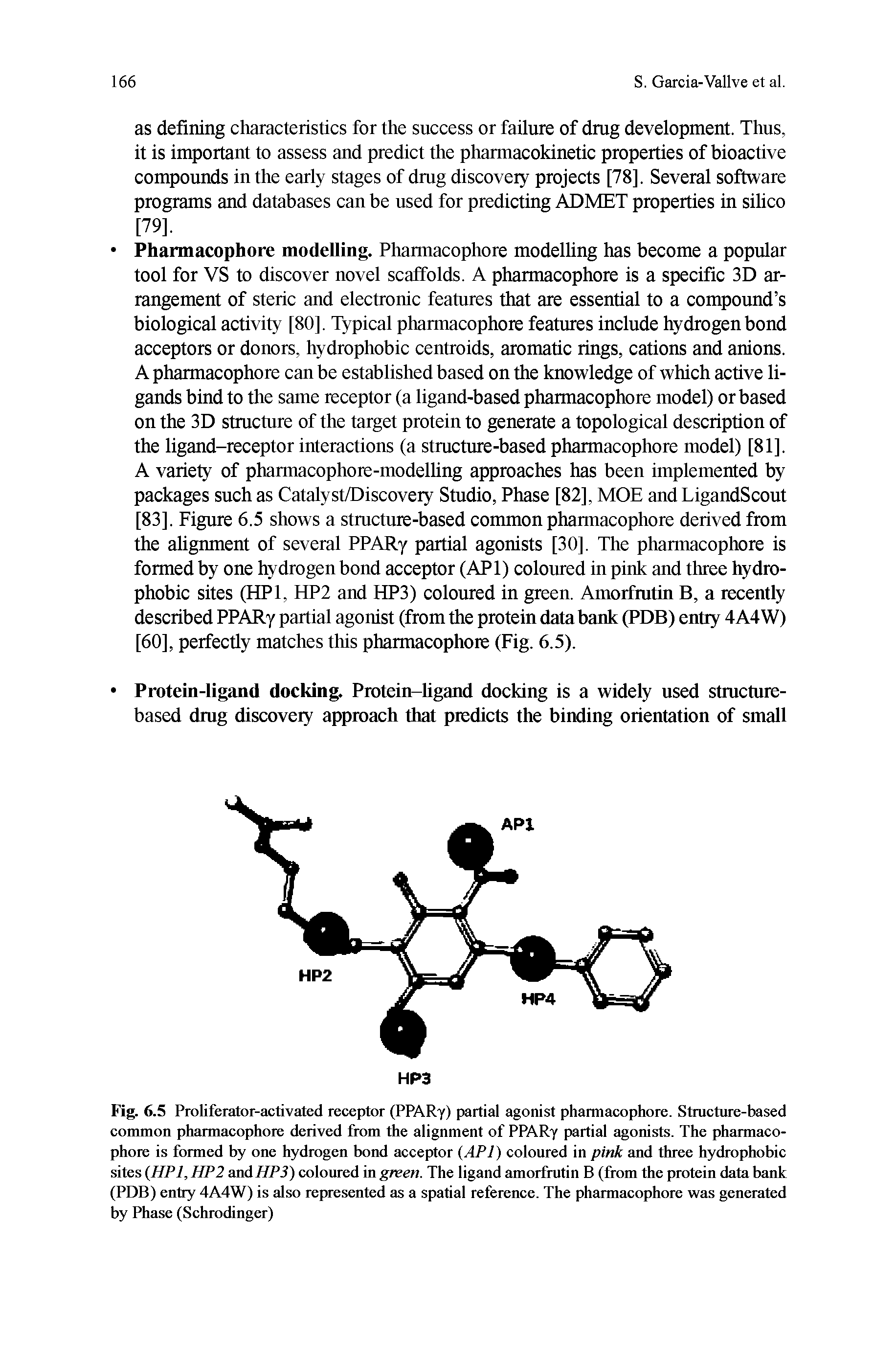 Fig. 6.5 Proliferator-activated receptor (PPARy) partial agonist pharmacophore. Structure-based common pharmacophore derived ifom the alignment of PPARy partial agonists. The pharmacophore is formed by one hydrogen bond acceptor (API) coloured in pink and three hydrophobic sites (HPl, HPl saaAHPS) coloured in gKen. The ligand amorfrutin B (fiom the protein data bank (PDB) entry 4A4W) is also represented as a spatial reference. The pharmacophore was generated by Phase (Schrodinger)...