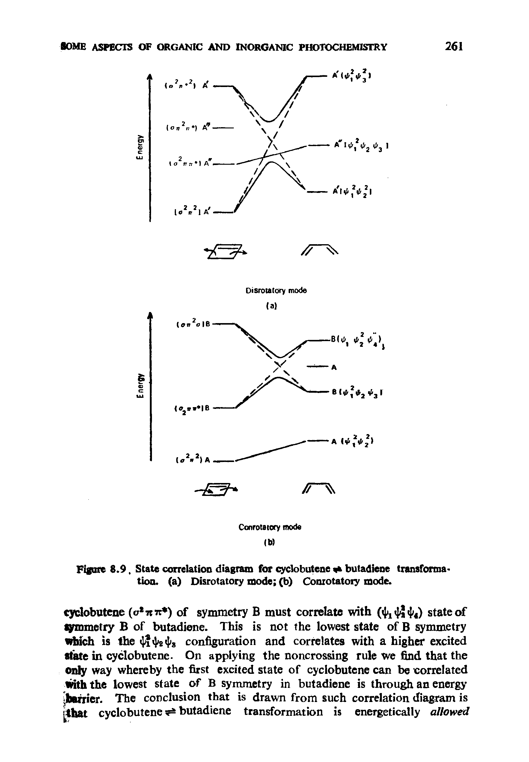Figure 8.9, State correlation diagram for cyclobutene a butadiene transformation. (a) Disrotatory mode (b) Conrotatory mode.