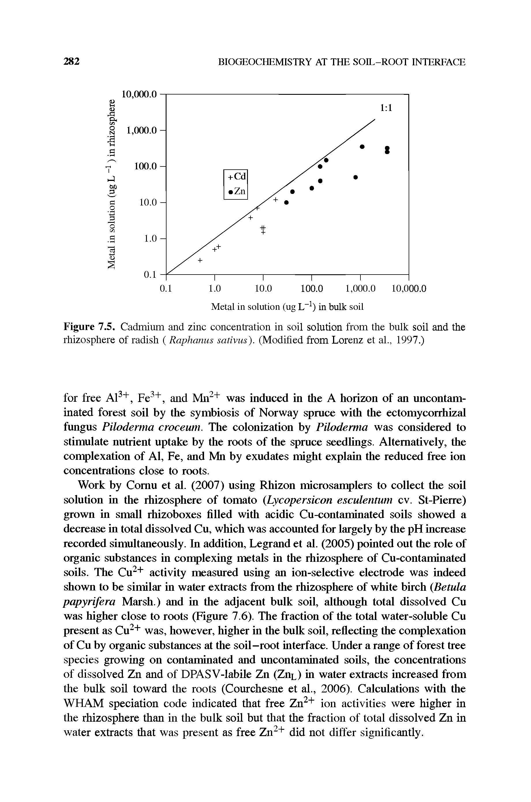 Figure 7.5. Cadmium and zinc concentration in soil solution from the bulk soil and the rhizosphere of radish ( Raphanus sativus). (Modihed from Lorenz et al., 1997.)...