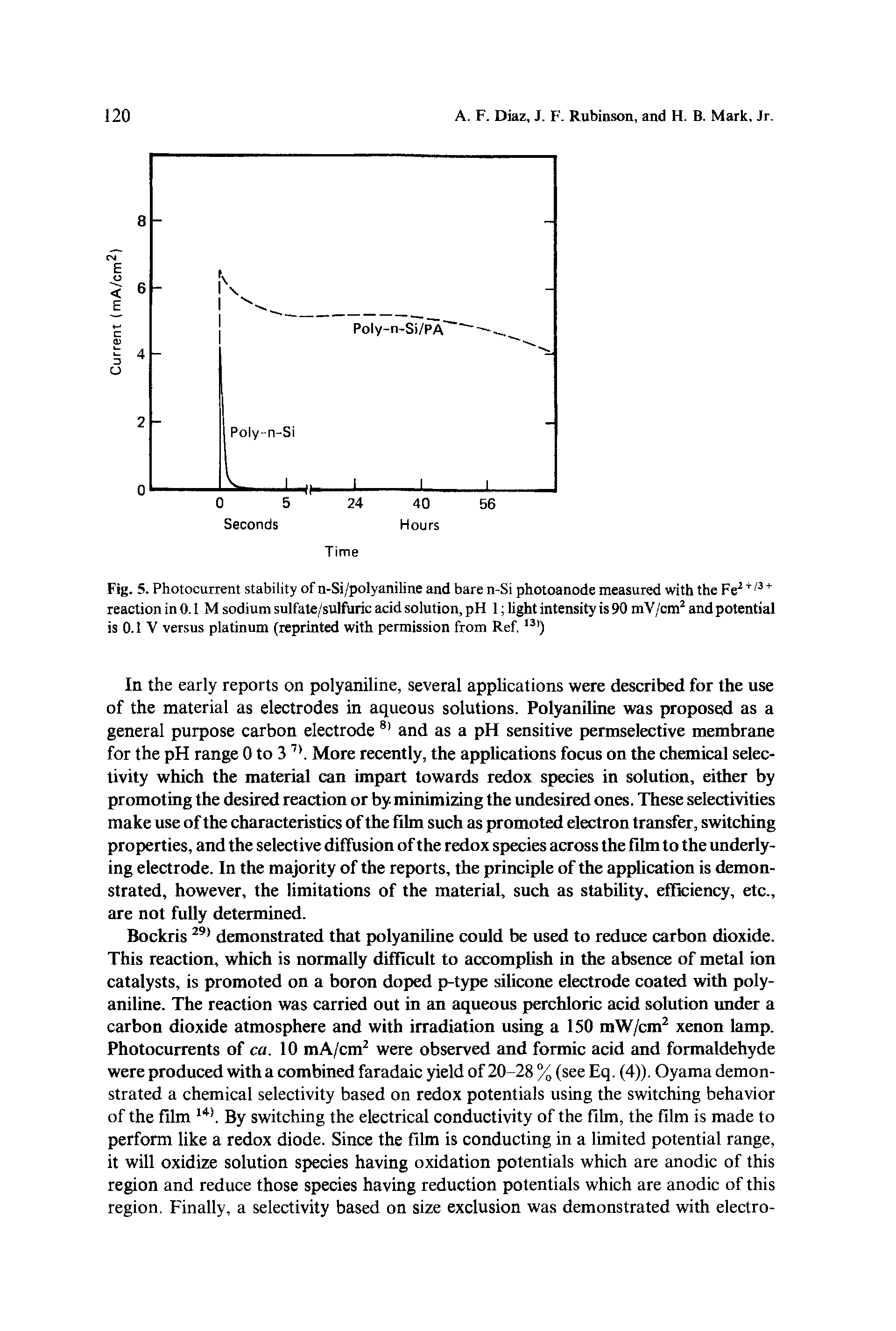 Fig. 5. Photocurrent stability of n-Si/polyaniline and bare n-Si photoanode measured with the Fe reaction in 0.1 M sodium sulfate/sulfuric acid solution, pH 1 light intensity is 90 mV/cm and potential is 0.1 V versus platinum (reprinted with permission from Ref.