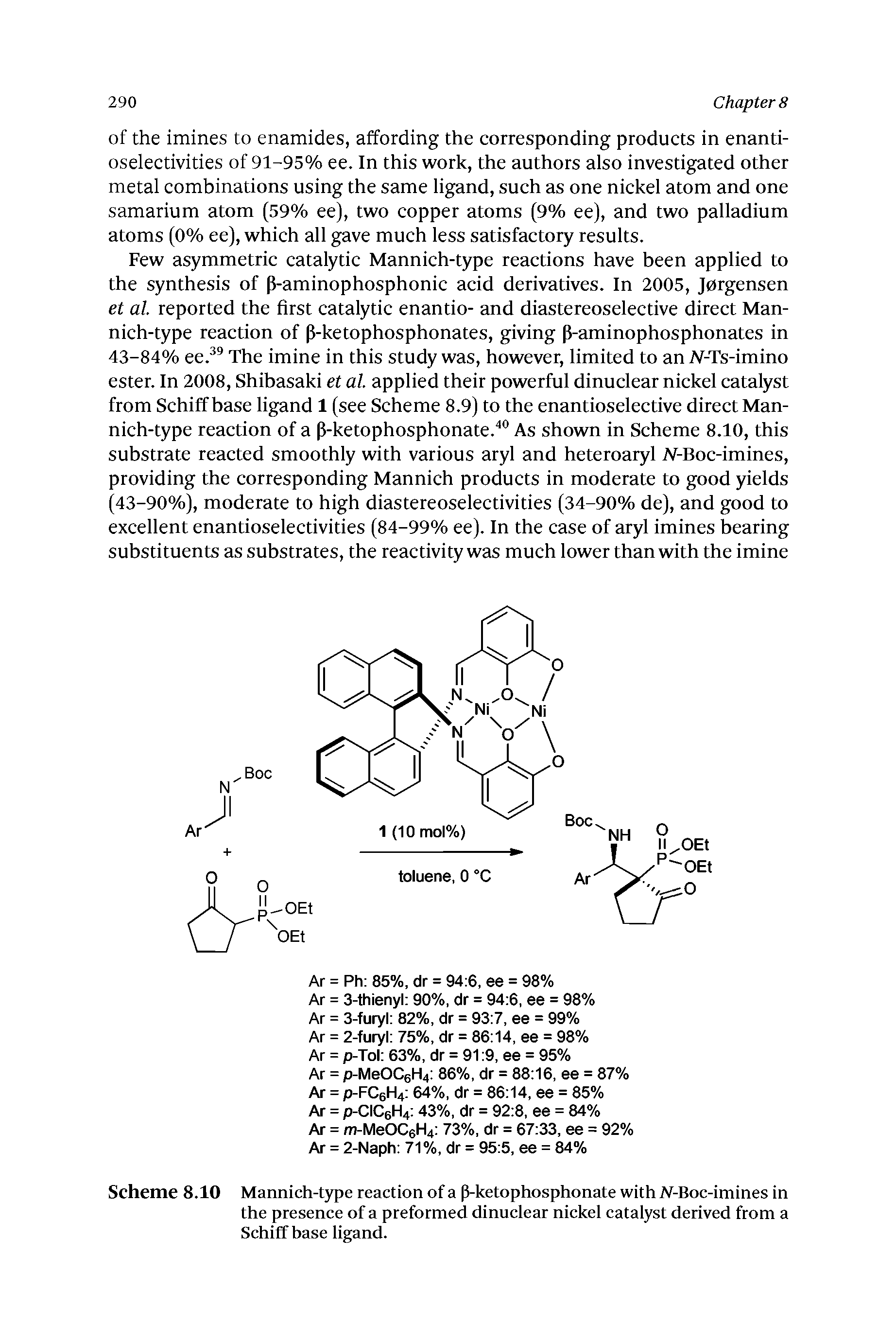 Scheme 8.10 Mannich-type reaction of a p-ketophosphonate with N-Boc-imines in the presence of a preformed dinuclear nickel catalyst derived from a Schiff base ligand.