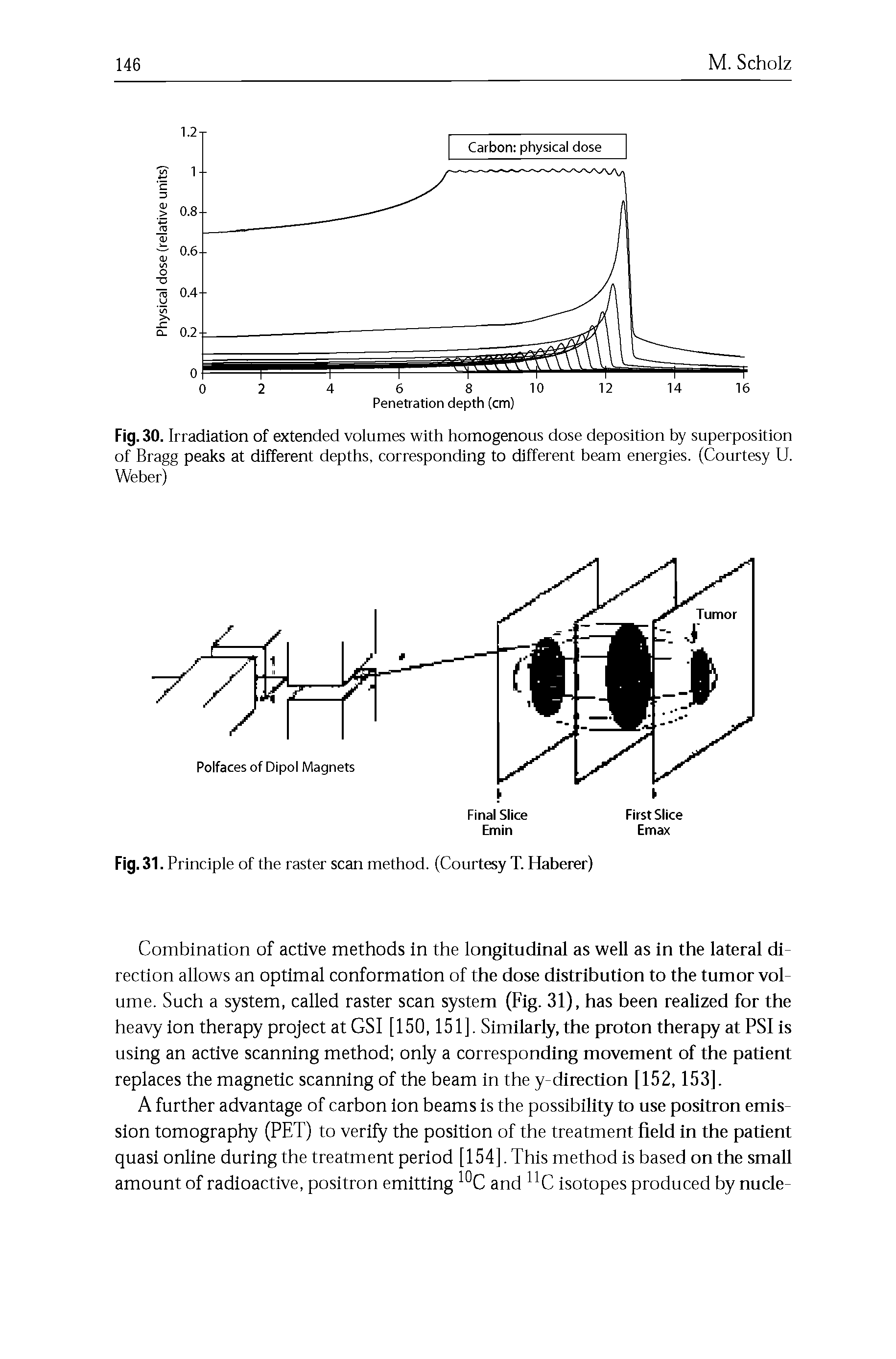Fig. 30. Irradiation of extended volumes with homogenous dose deposition by superposition of Bragg peaks at different depths, corresponding to different beam energies. (Courtesy U. Weber)...