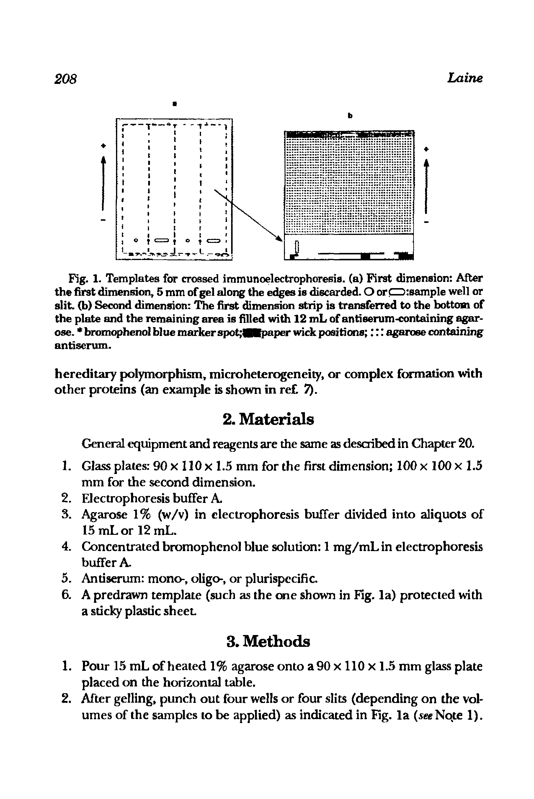 Fig. 1. Templates for crossed immunoelectrophoresis. (a) First dimension After the first dimension, 5 mm of gel along the edges is discarded. O or CD sample well or slit, (b) Second dimension The first dimensicm strip is transferred to the bottom of the plate and the remaining area is filled with 12 mL of antiserum-containing agarose. bromophenol blue marker spot MKpaper wick positions t agarose containing antiserum.