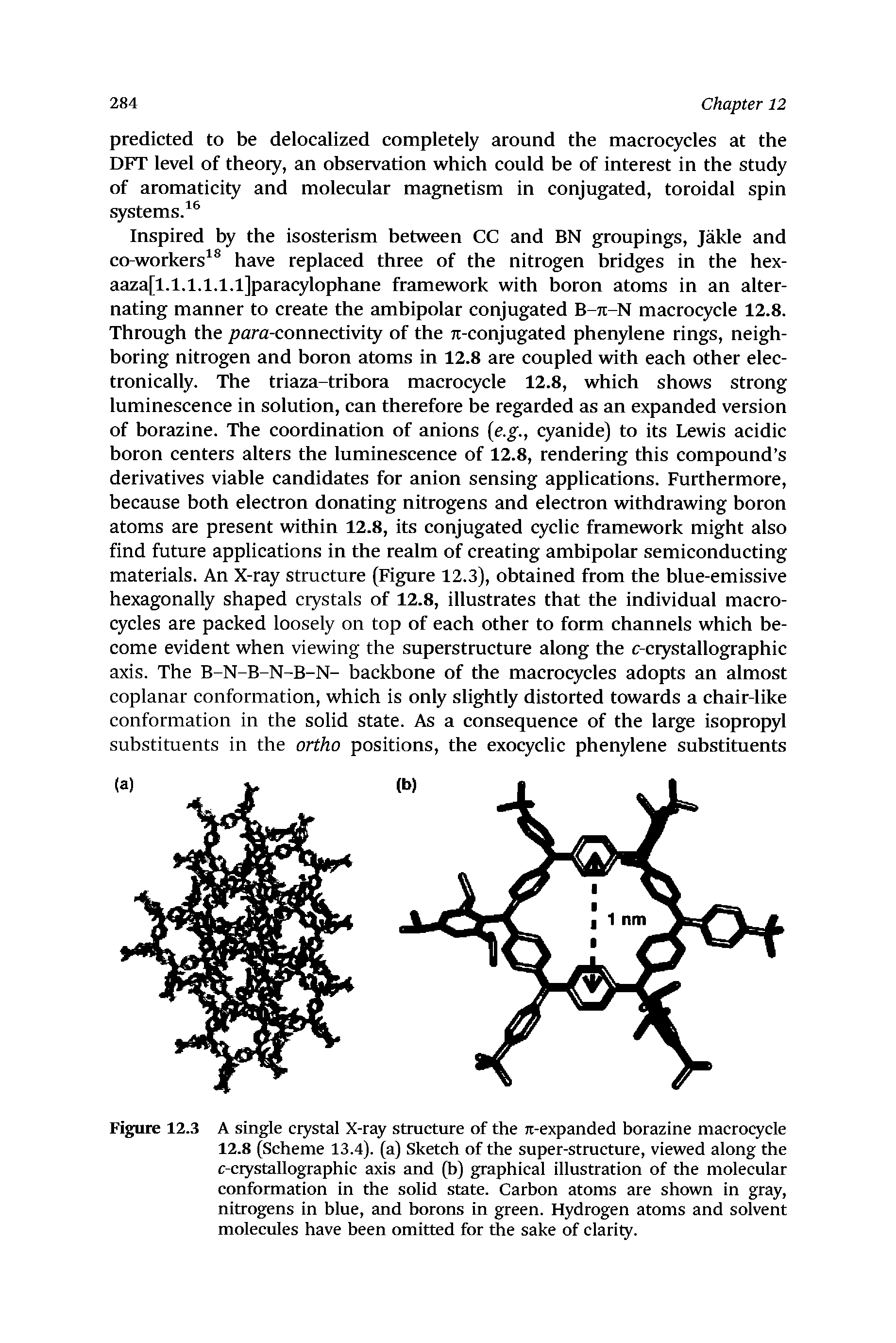 Figure 12.3 A single crystal X-ray stmcture of the Jt-expanded borazine macrocycle 12.8 (Scheme 13.4). (a) Sketch of the super-structure, viewed along the c-crystallographic axis and (b) graphical illustration of the molecular conformation in the solid state. Carbon atoms are shown in gray, nitrogens in blue, and borons in green. Hydrogen atoms and solvent molecules have been omitted for the sake of clarity.