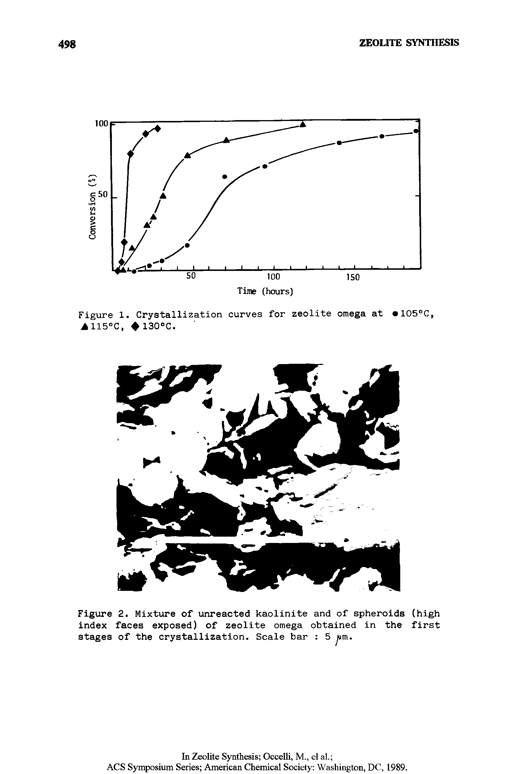 Figure 2. Mixture of unreacted kaolinite and of spheroids (high index faces exposed) of zeolite omega obtained in the first stages of the crystallization. Scale bar 5 urn.