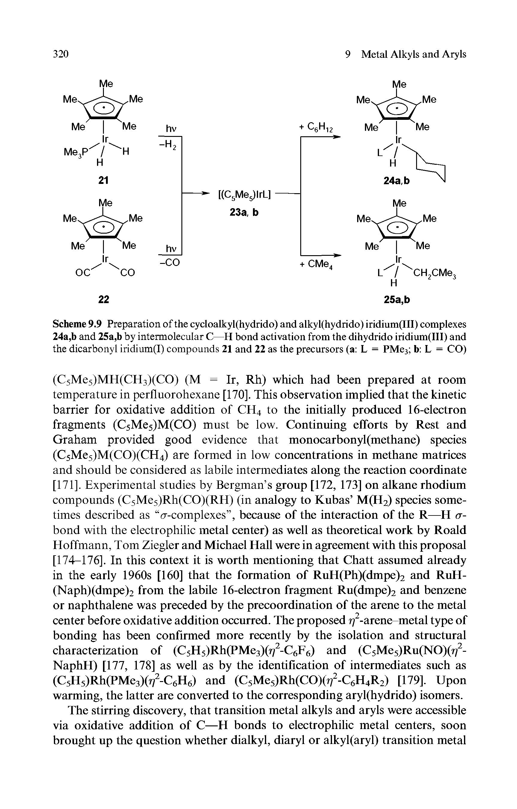 Scheme 9.9 Preparation of the cycloalkyl(hydrido) and alkyl(hydrido) iridium(III) complexes 24a,b and 25a,b by intermolecular C—H bond activation from the dihydrido iridium(III) and the dicarbonyl iridium(I) compounds 21 and 22 as the precursors (a L = PMe3 b L = CO)...