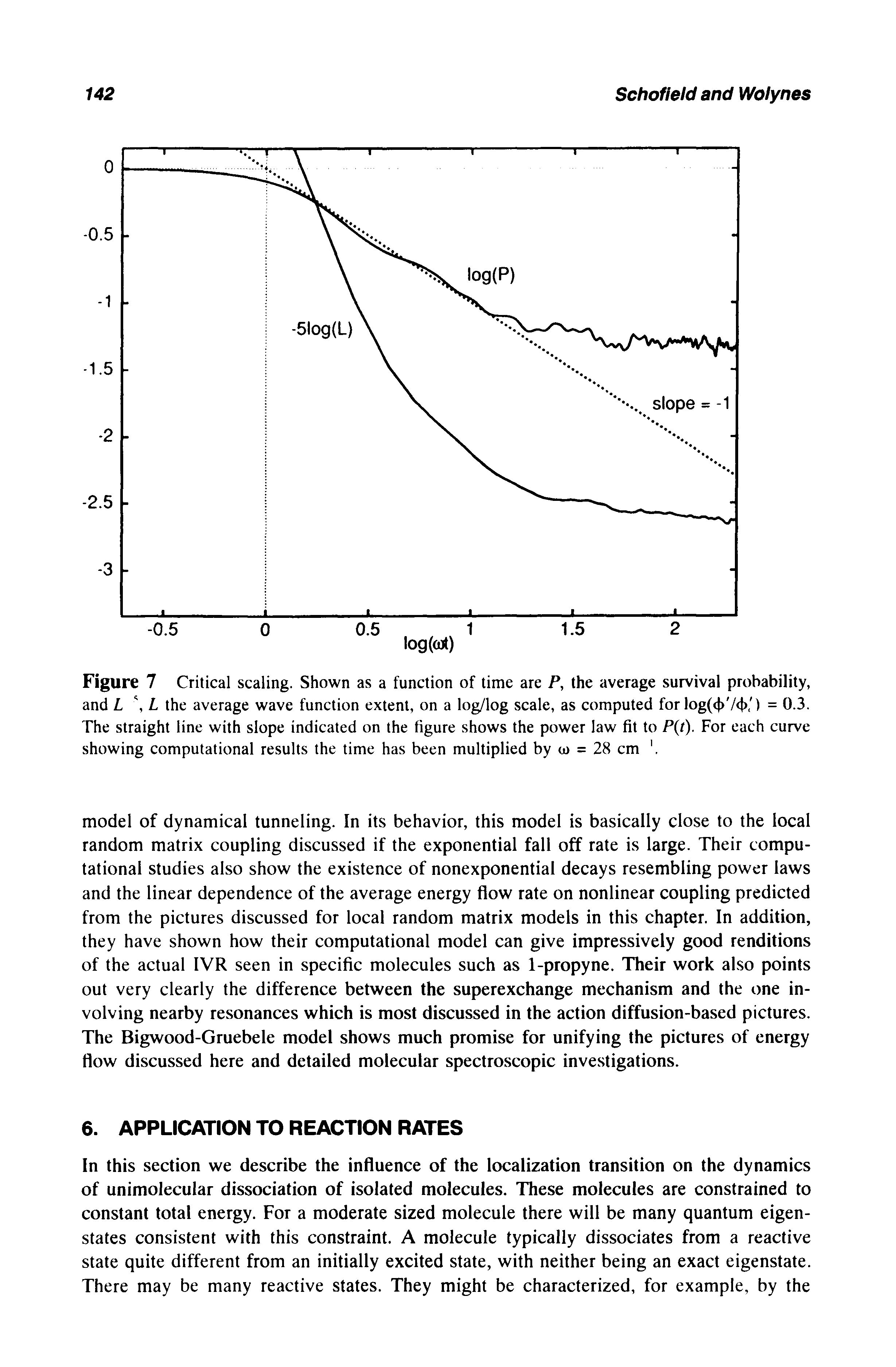Figure 7 Critical scaling. Shown as a function of time are P, the average survival probability, and L L the average wave function extent, on a log/log scale, as computed for log(4> /<t>, ) = 0.3. The straight line with slope indicated on the figure shows the power law fit to P(t). For each curve showing computational results the time has been multiplied by u) = 28 cm. ...
