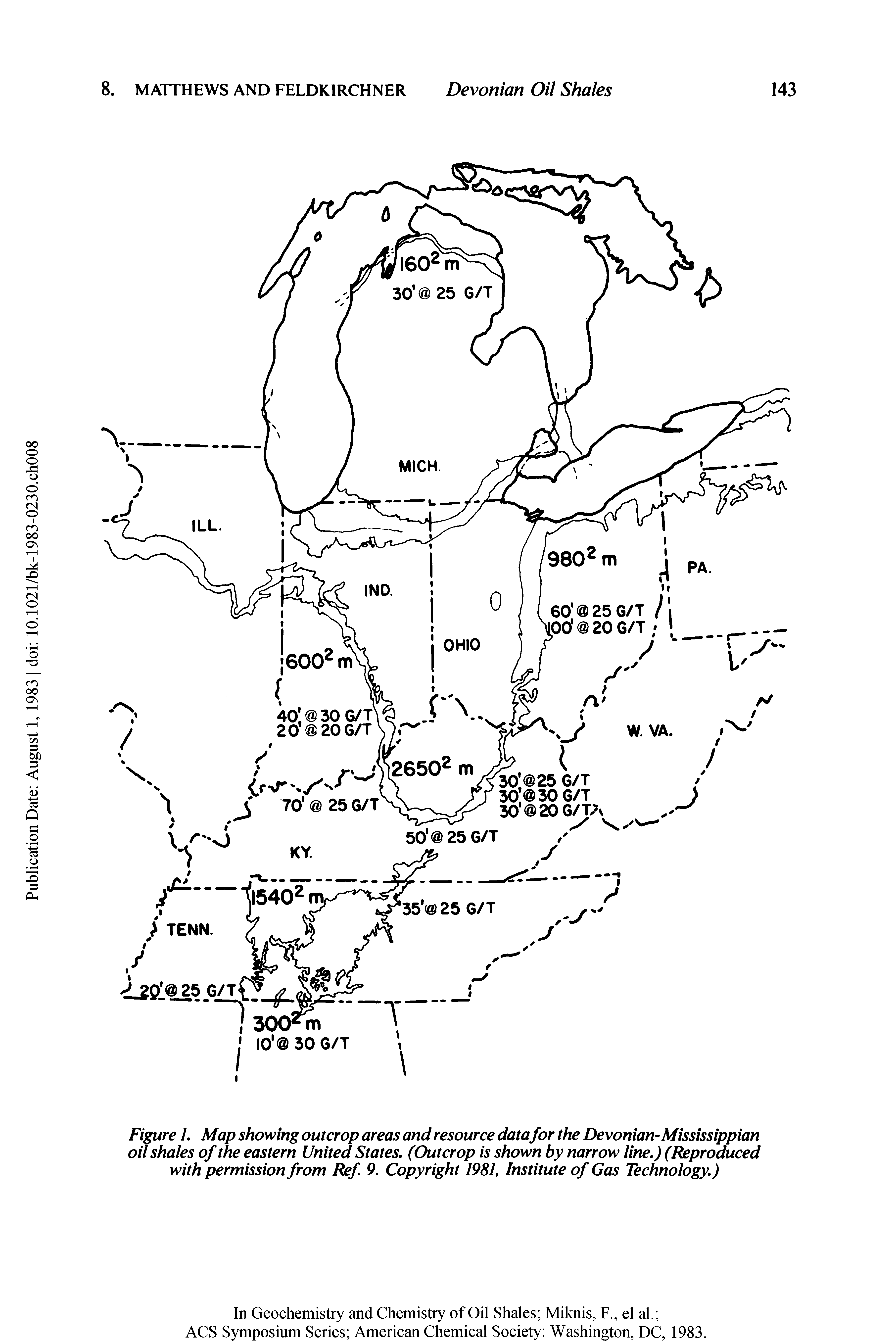 Figure 1. Map showing outcrop areas and resource data for the Devonian-Mississippian oil shales of the eastern United States. (Outcrop is shown by narrow line.) (Reproduced with permission from Ref 9. Copyright 1981, Institute of Gas Technology.)...